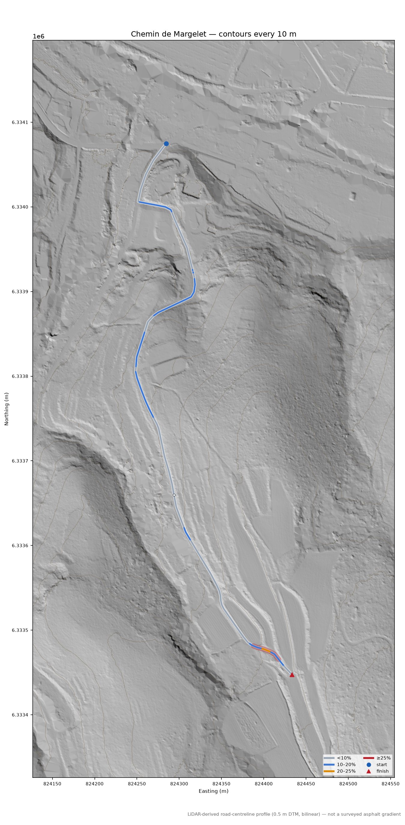Chemin de Margelet LiDAR hillshade map with contours