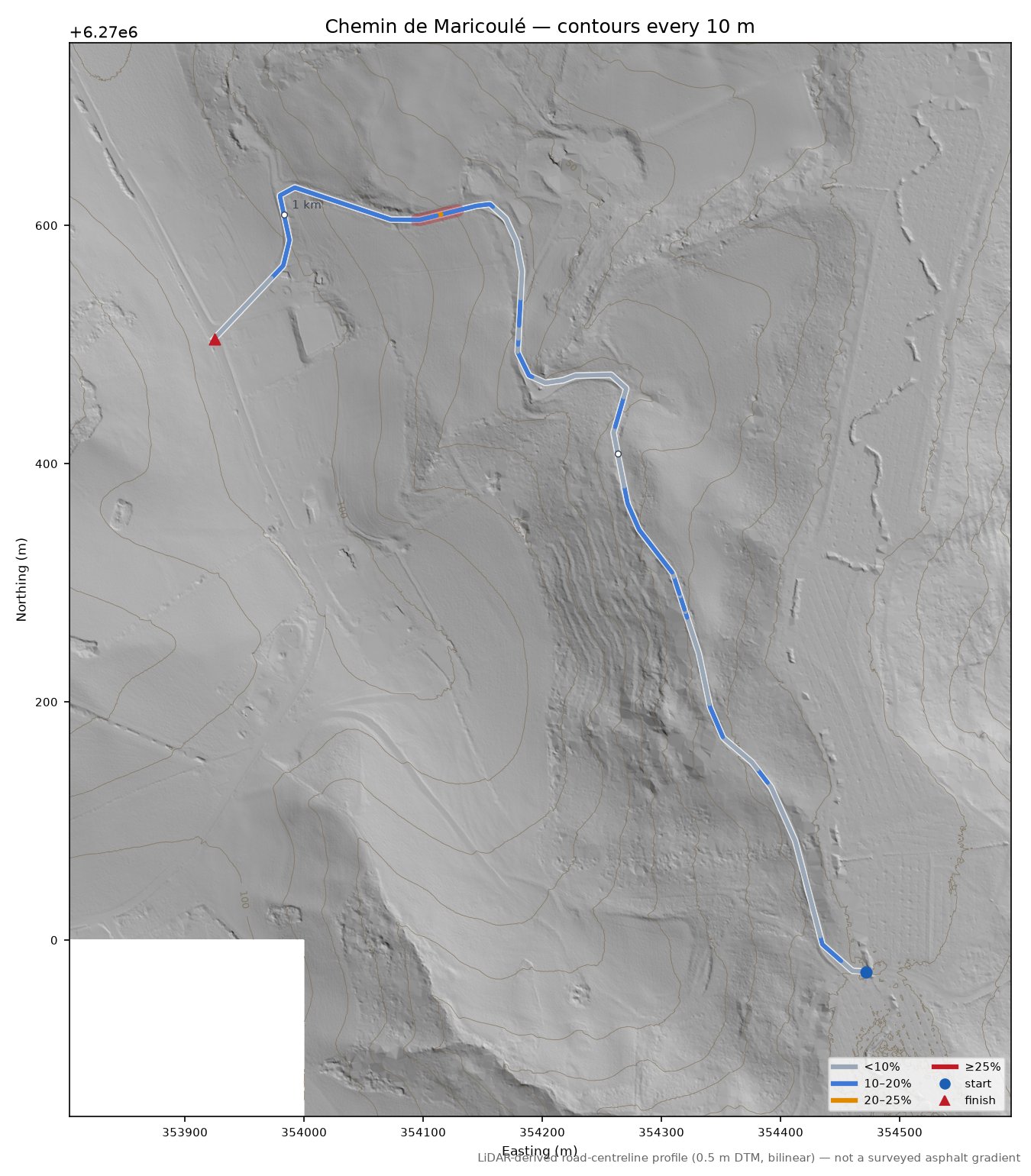Chemin de Maricoulé LiDAR hillshade map with contours