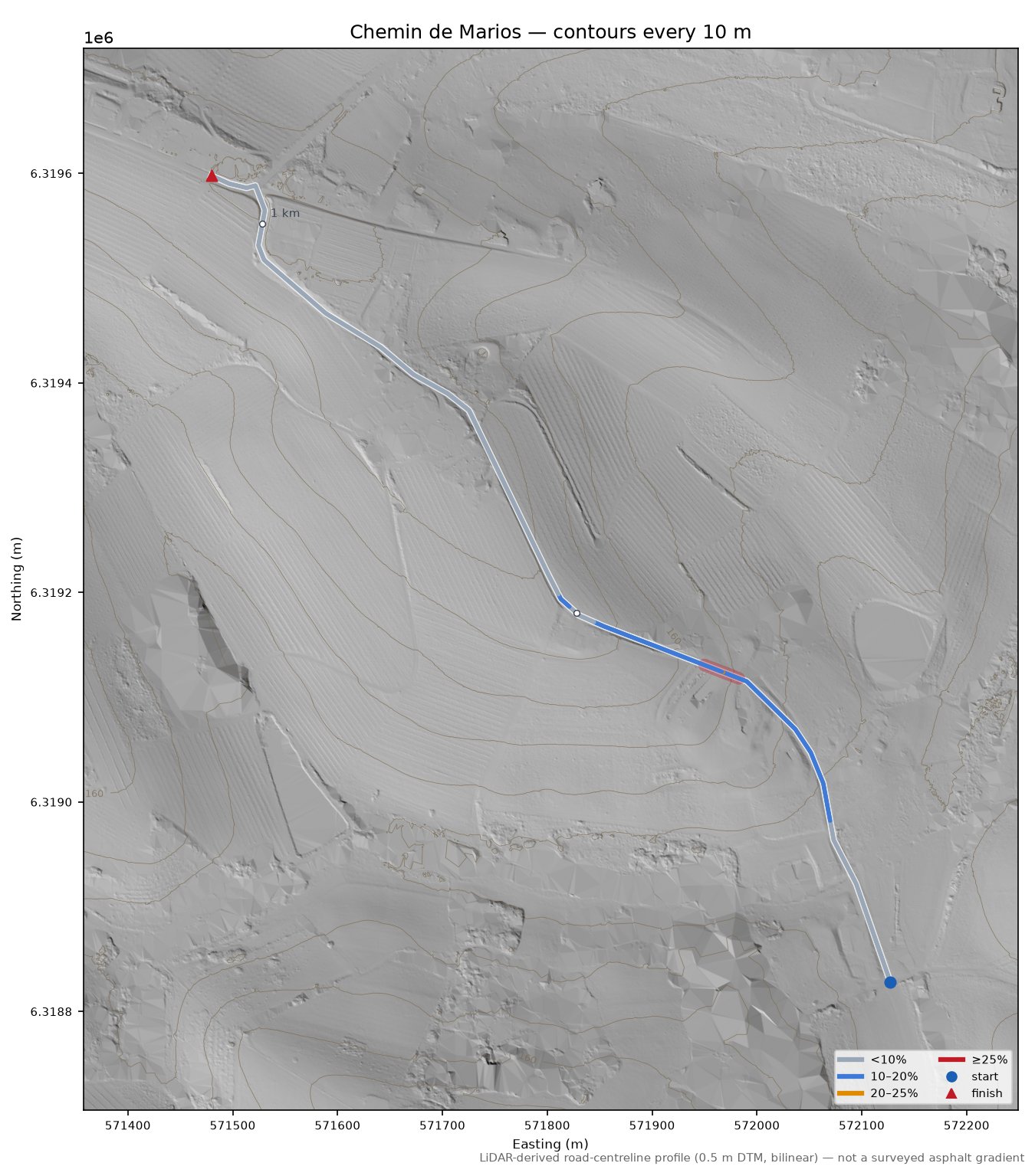 Chemin de Marios LiDAR hillshade map with contours