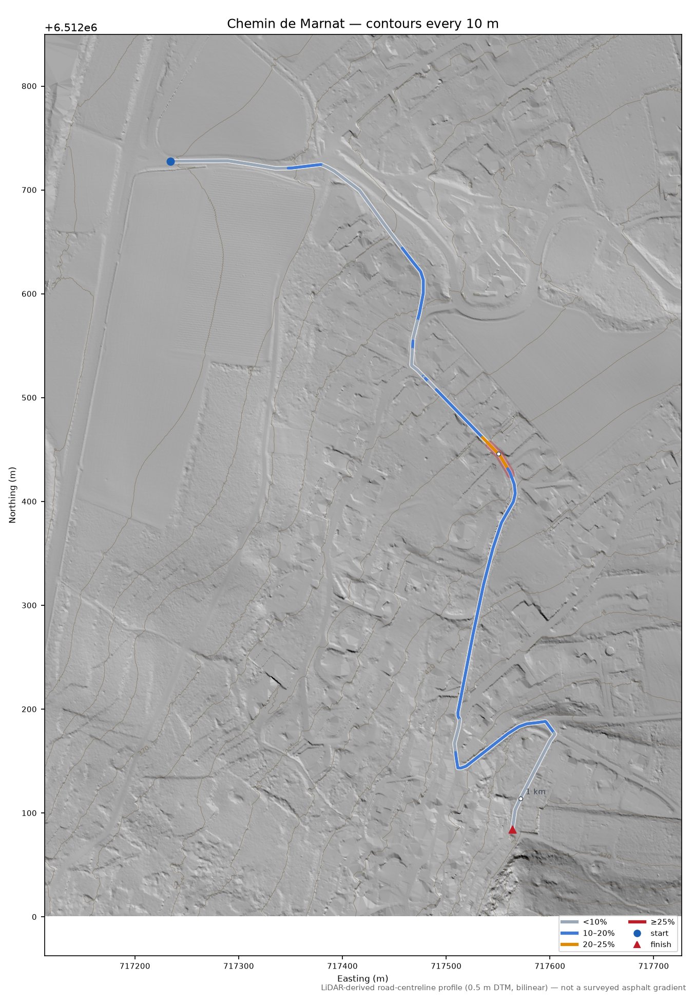 Chemin de Marnat LiDAR hillshade map with contours