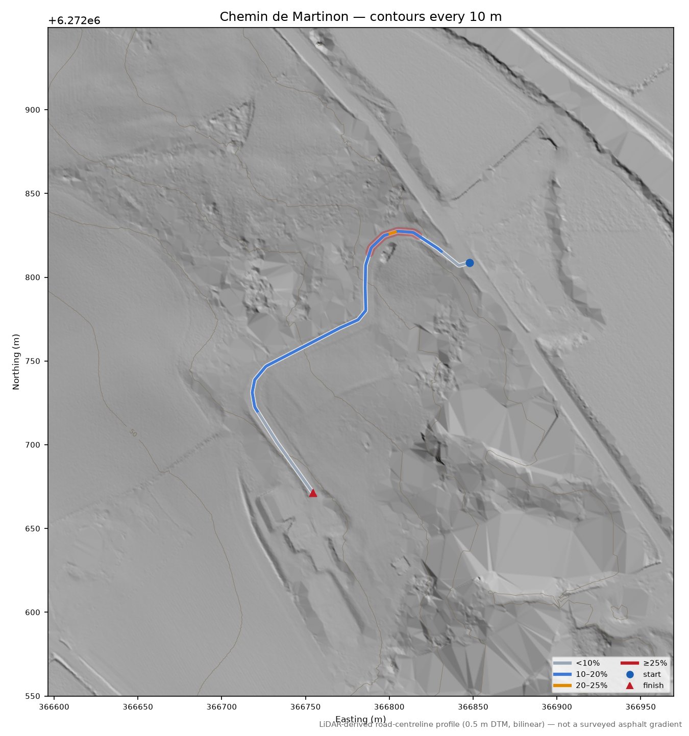 Chemin de Martinon LiDAR hillshade map with contours