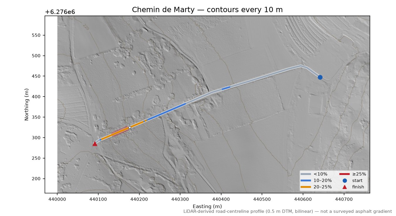 Chemin de Marty LiDAR hillshade map with contours