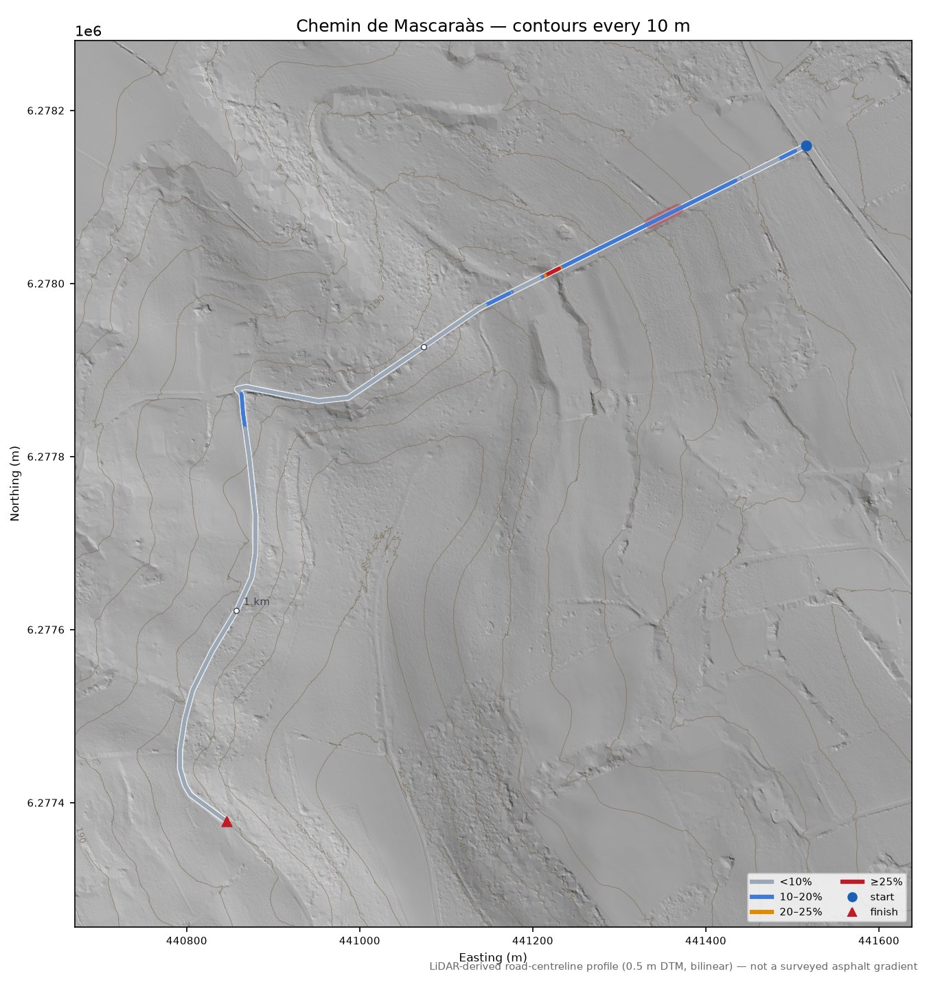 Chemin de Mascaraàs LiDAR hillshade map with contours