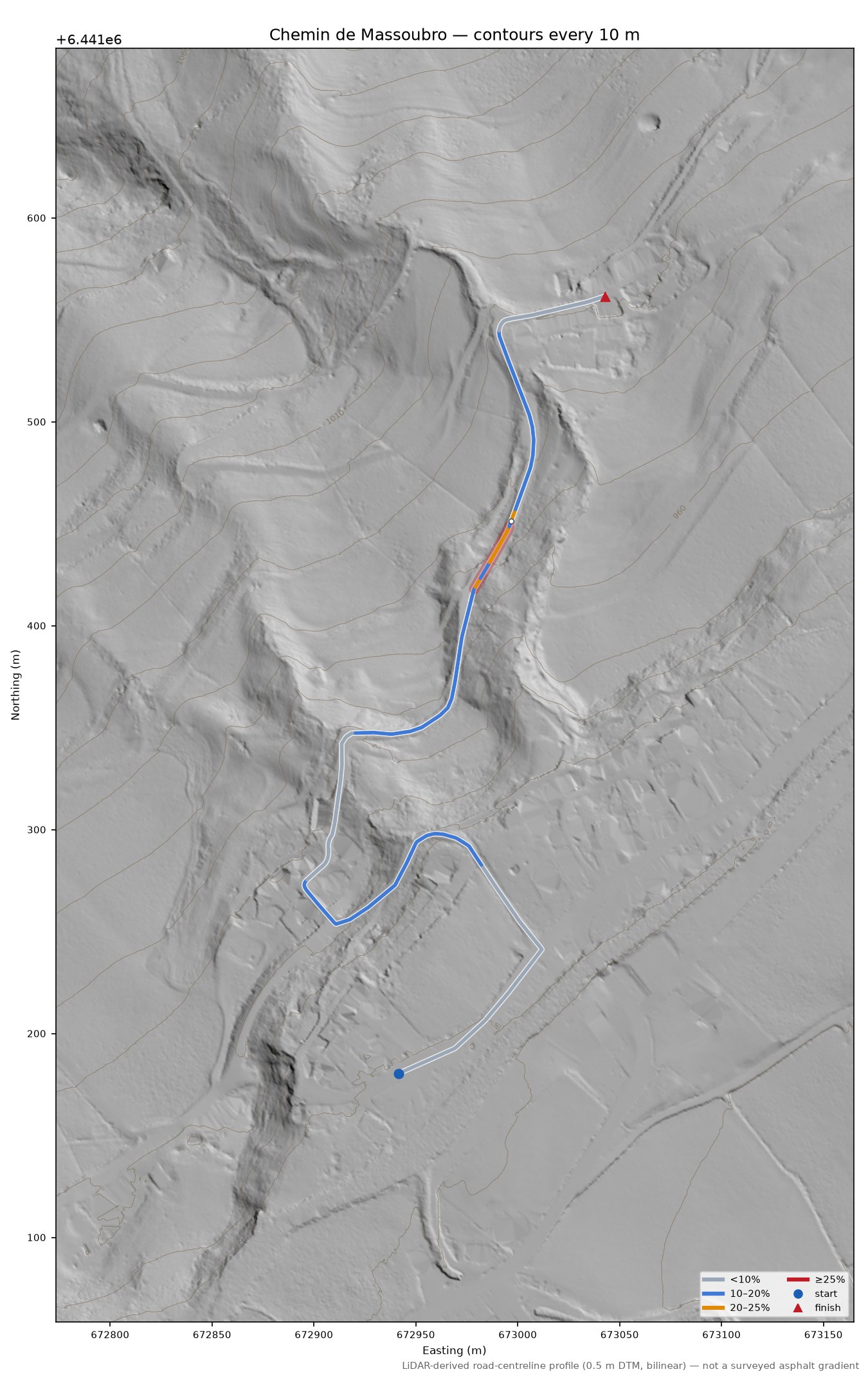Chemin de Massoubro LiDAR hillshade map with contours