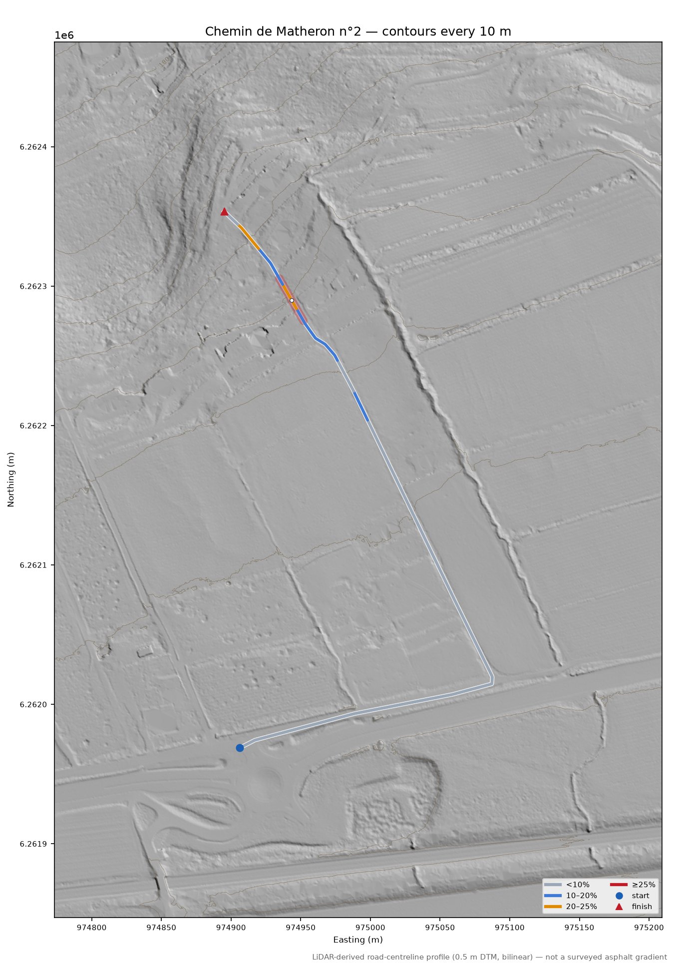 Chemin de Matheron n°2 LiDAR hillshade map with contours