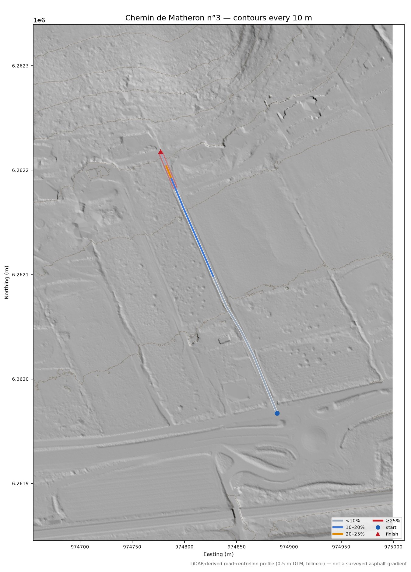 Chemin de Matheron n°3 LiDAR hillshade map with contours