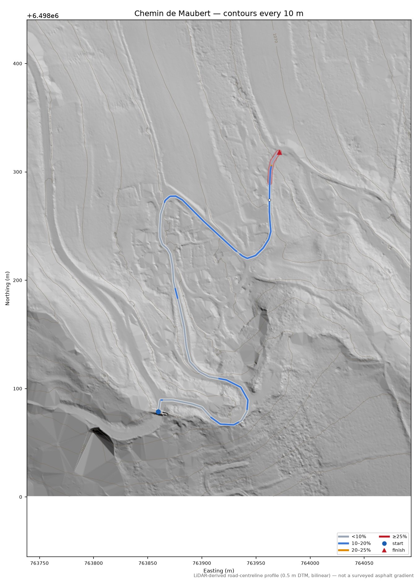 Chemin de Maubert LiDAR hillshade map with contours