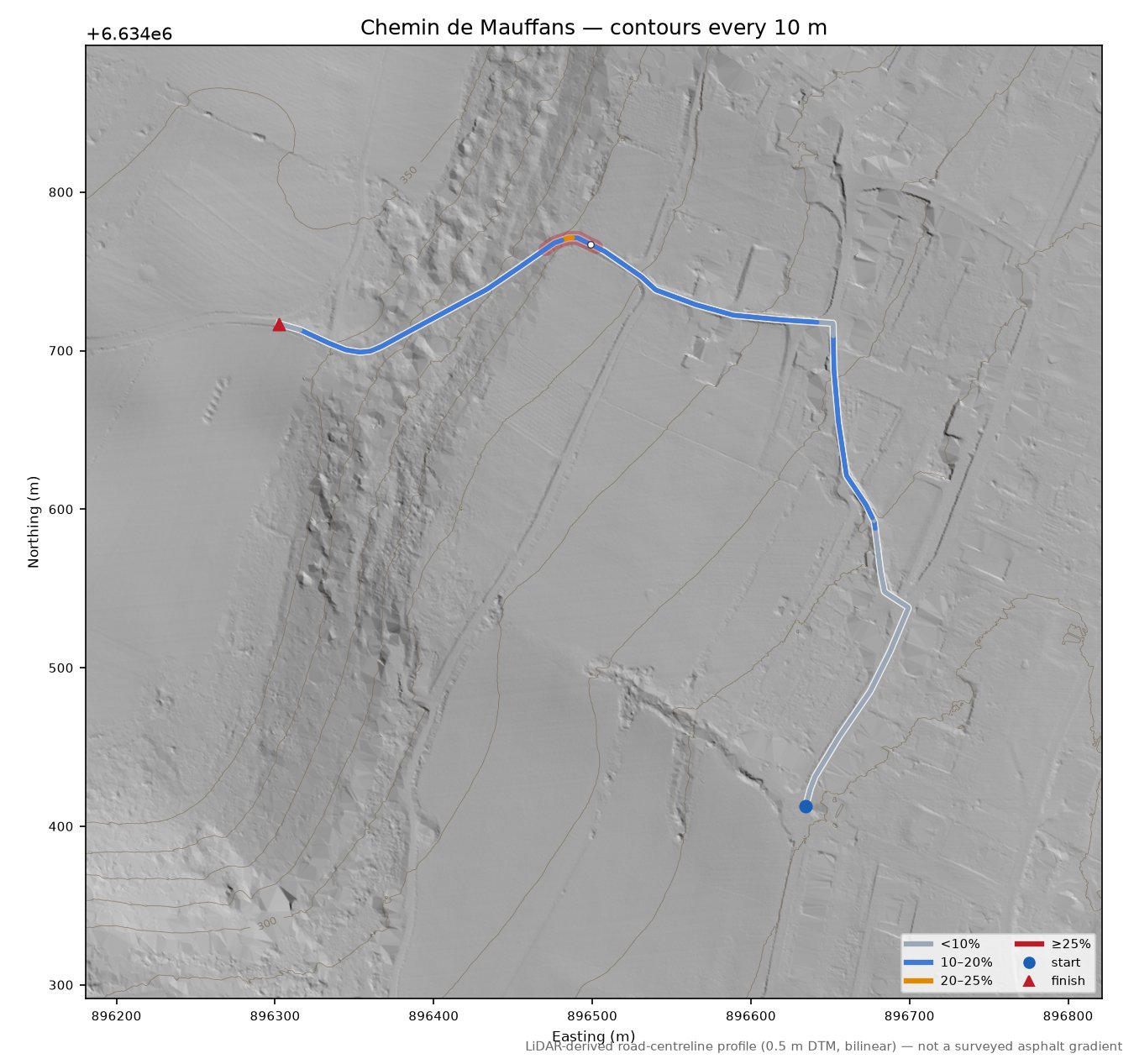 Chemin de Mauffans LiDAR hillshade map with contours