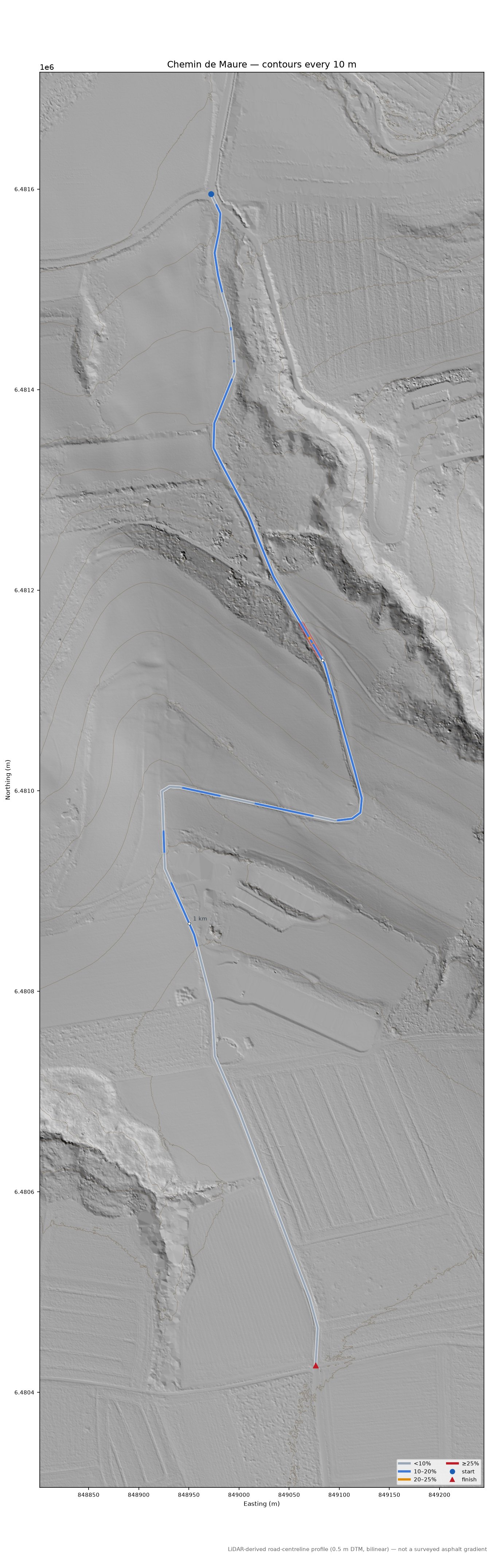Chemin de Maure LiDAR hillshade map with contours