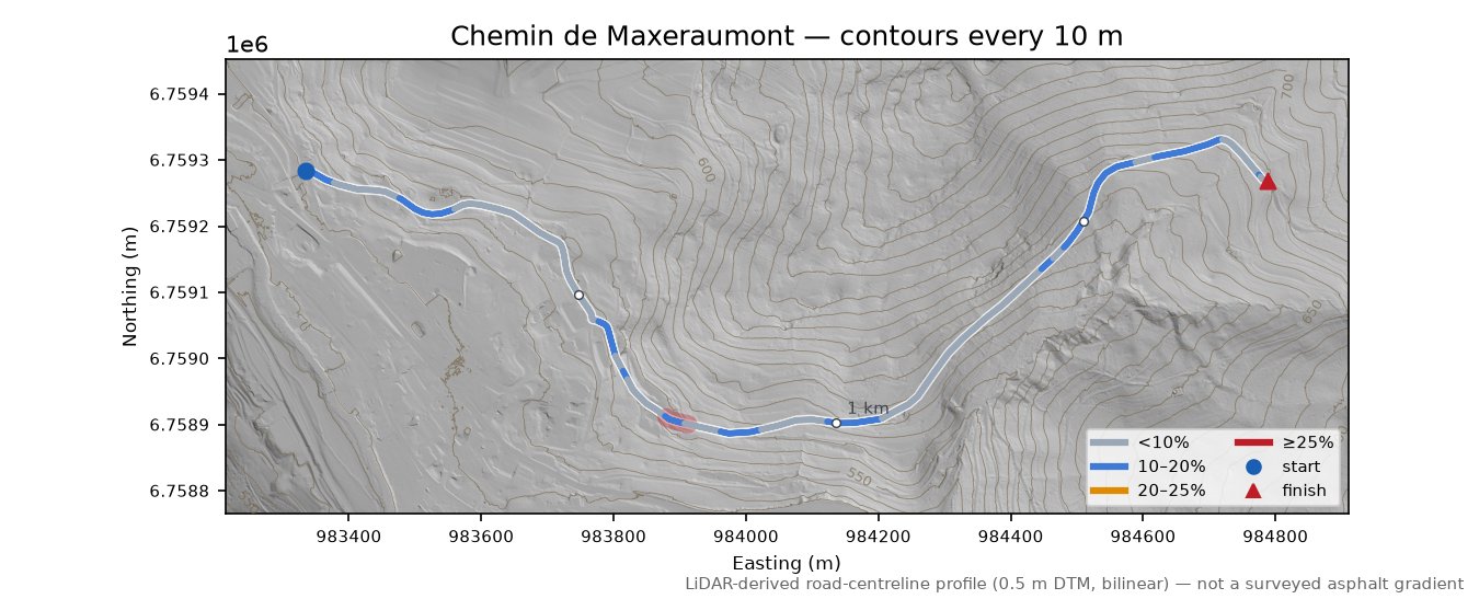 Chemin de Maxeraumont LiDAR hillshade map with contours