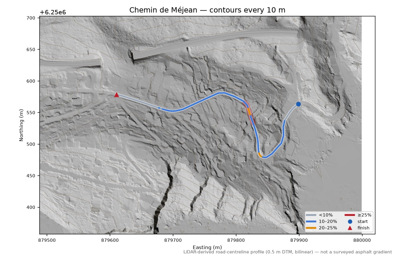 Chemin de Méjean LiDAR hillshade map with contours