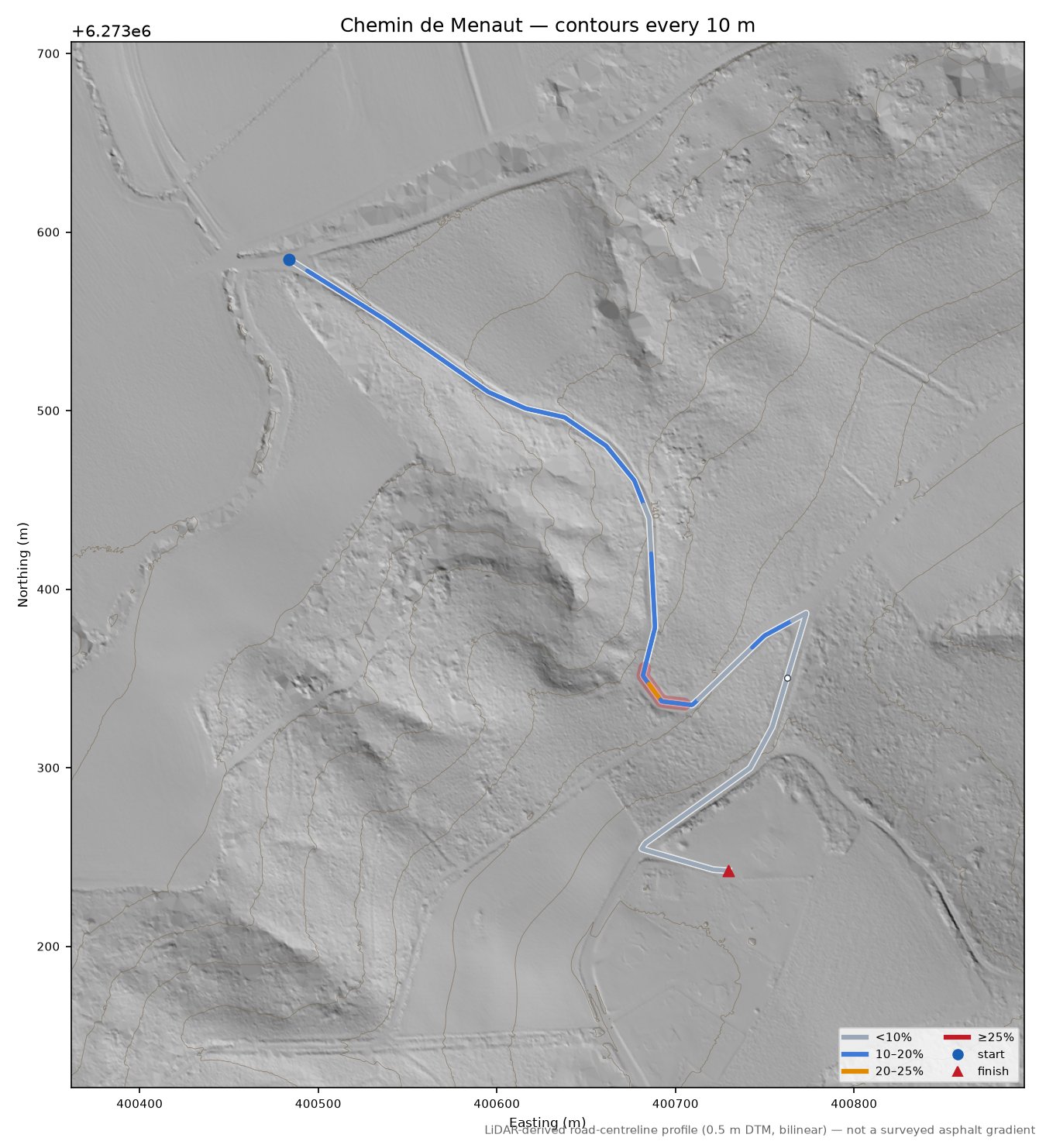 Chemin de Menaut LiDAR hillshade map with contours