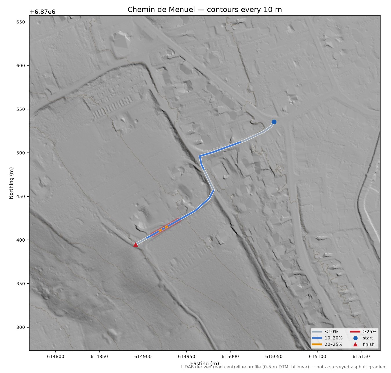 Chemin de Menuel LiDAR hillshade map with contours