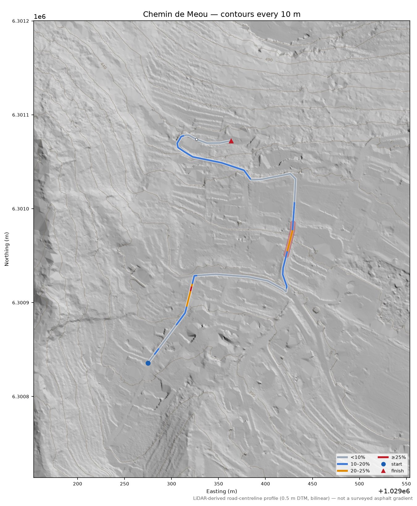 Chemin de Meou LiDAR hillshade map with contours