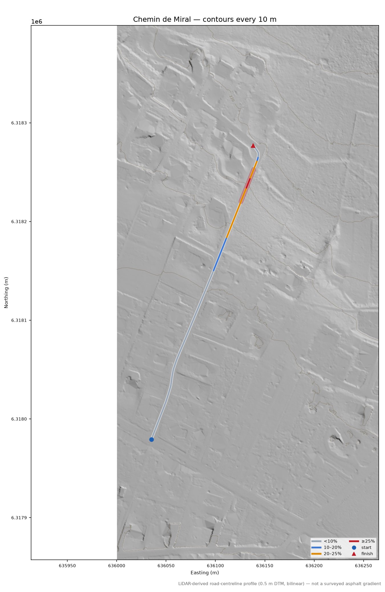 Chemin de Miral LiDAR hillshade map with contours