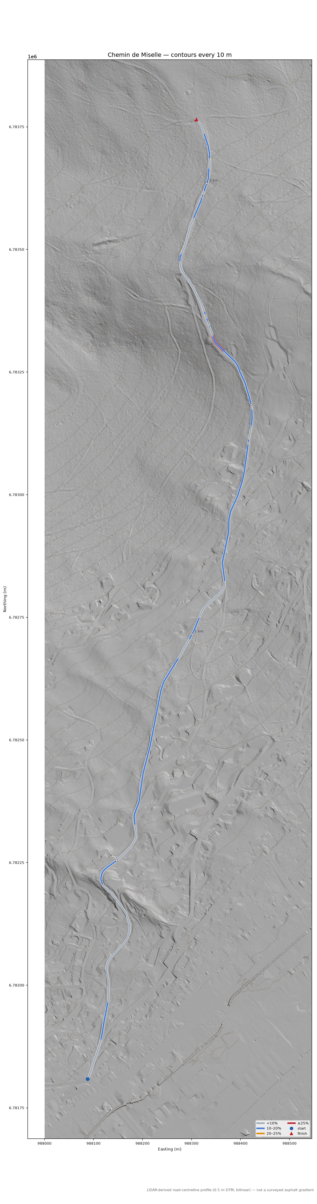 Chemin de Miselle LiDAR hillshade map with contours