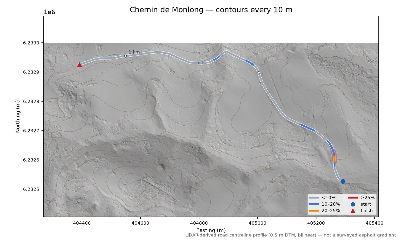 Chemin de Monlong LiDAR hillshade map with contours