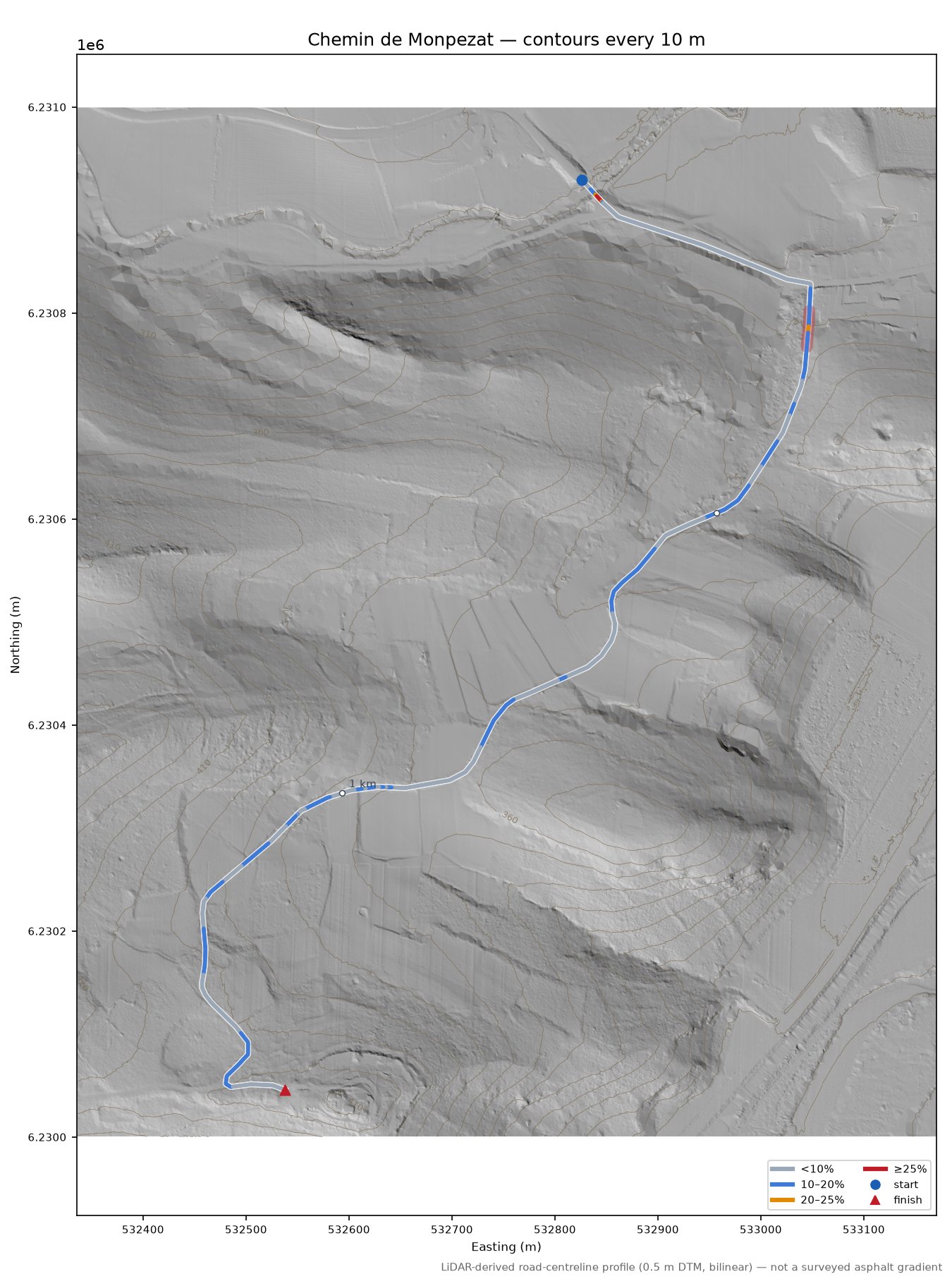 Chemin de Monpezat LiDAR hillshade map with contours