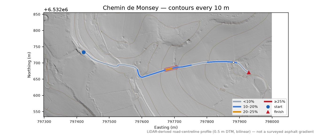 Chemin de Monsey LiDAR hillshade map with contours