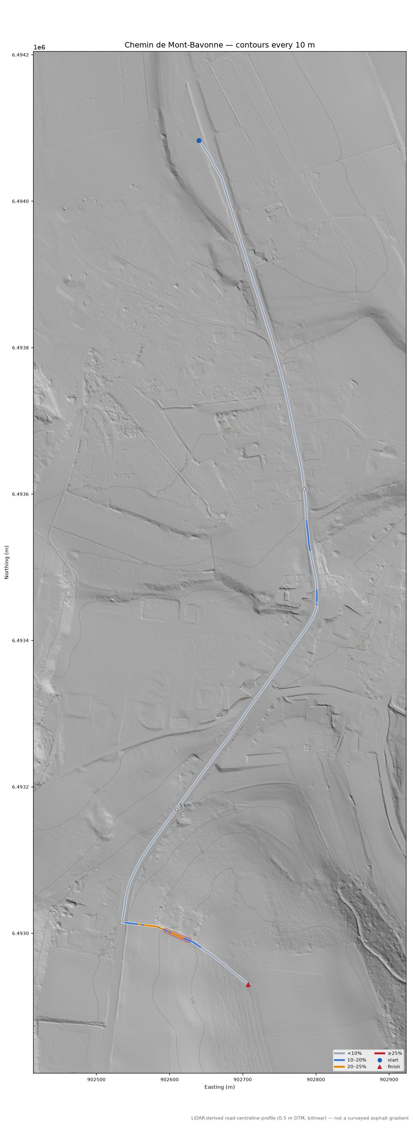 Chemin de Mont-Bavonne LiDAR hillshade map with contours