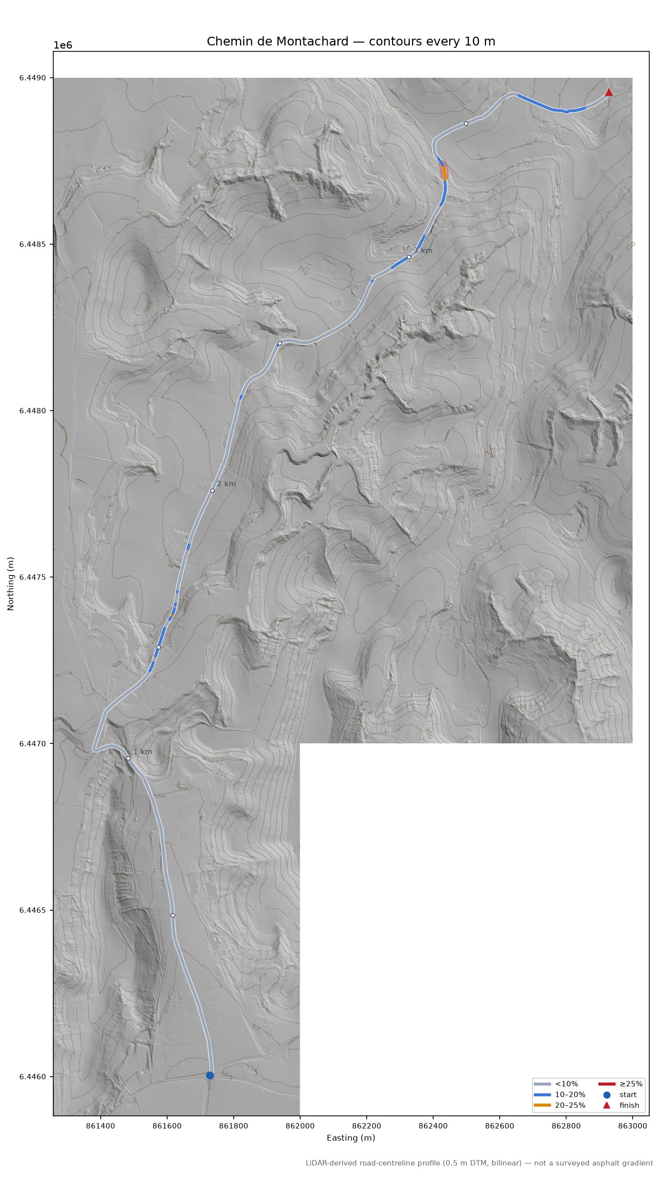 Chemin de Montachard LiDAR hillshade map with contours