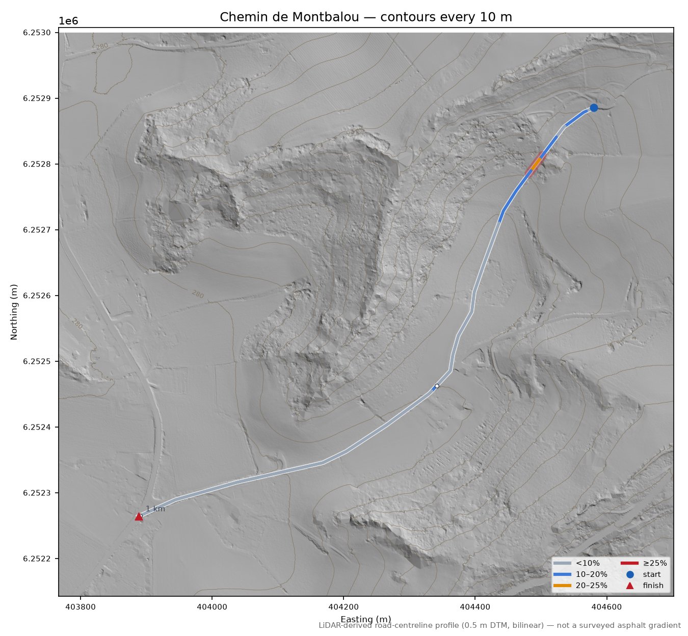 Chemin de Montbalou LiDAR hillshade map with contours