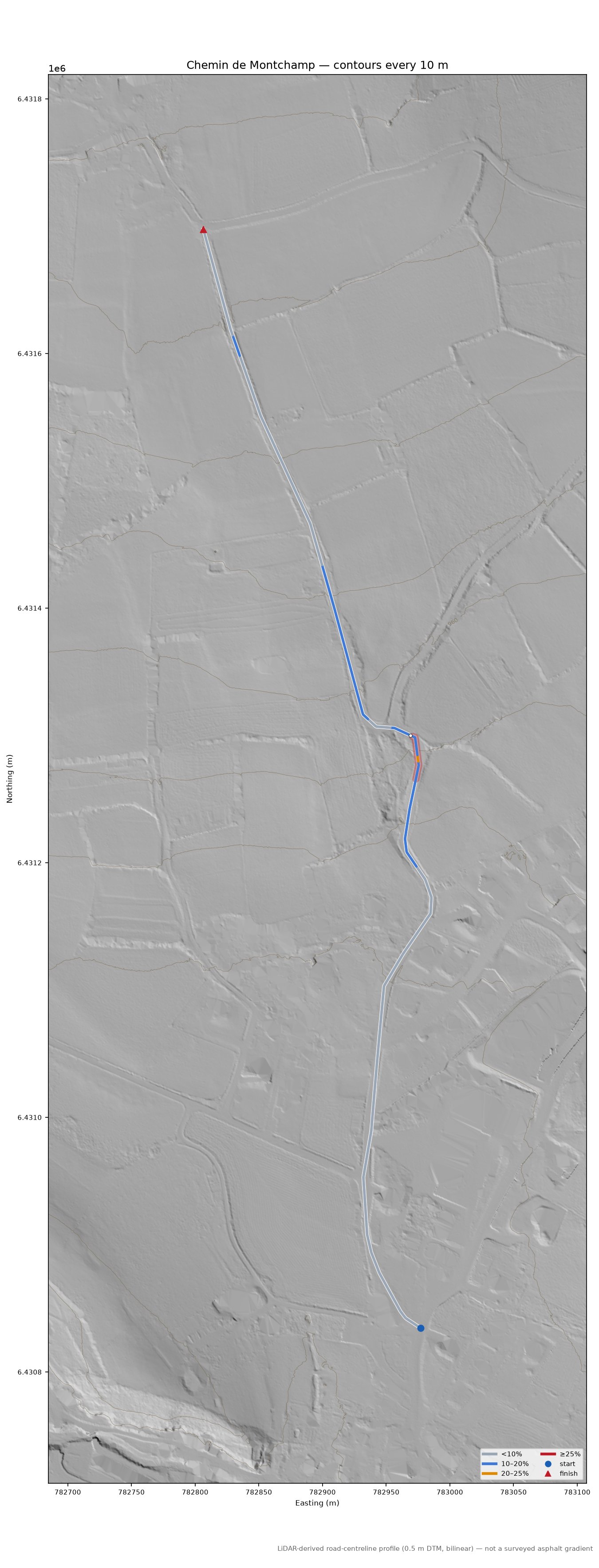 Chemin de Montchamp LiDAR hillshade map with contours
