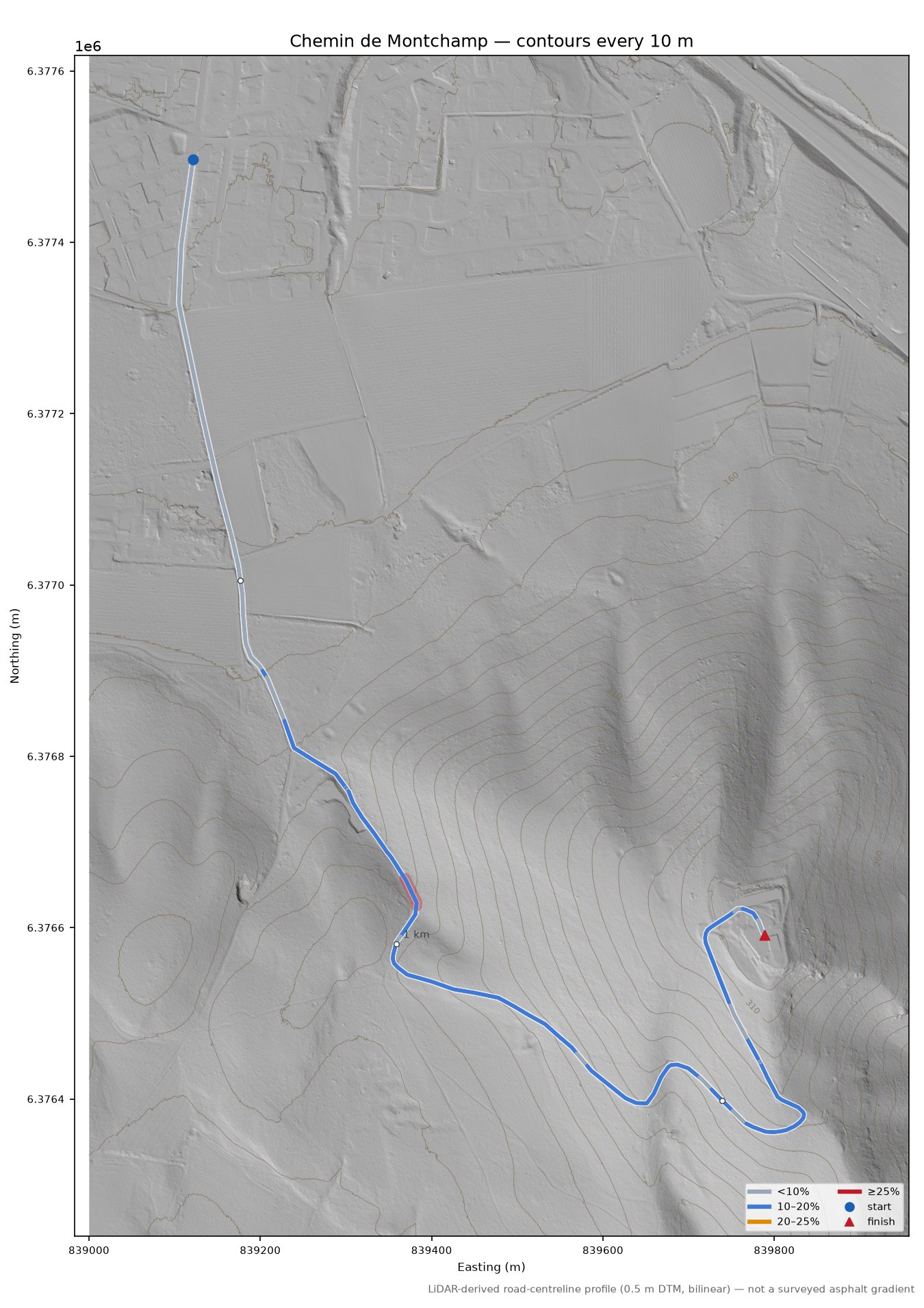 Chemin de Montchamp LiDAR hillshade map with contours