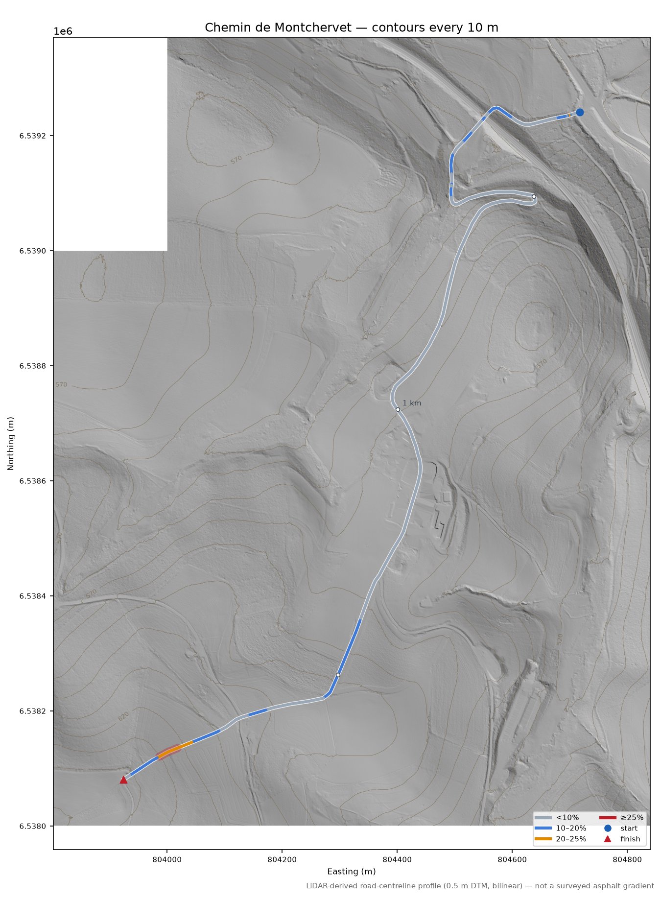 Chemin de Montchervet LiDAR hillshade map with contours