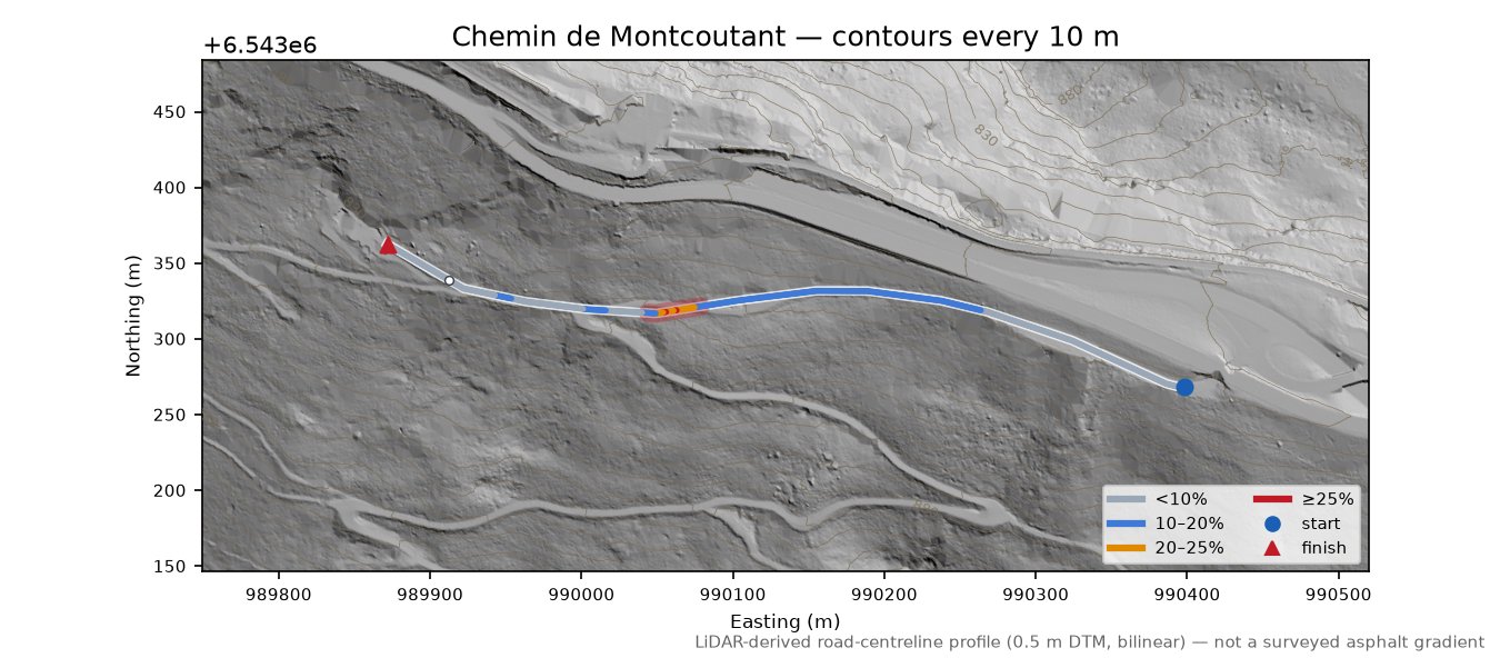 Chemin de Montcoutant LiDAR hillshade map with contours
