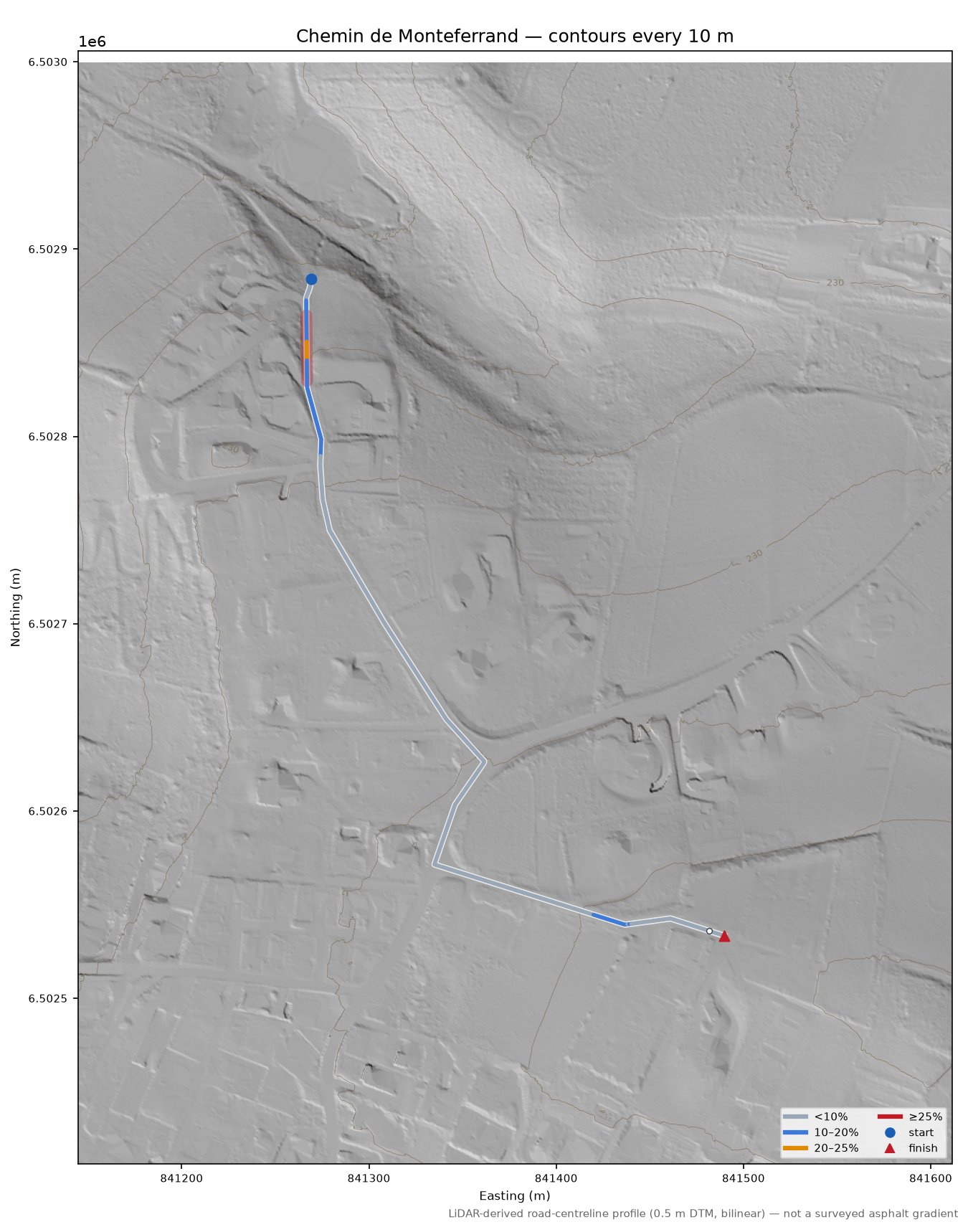 Chemin de Monteferrand LiDAR hillshade map with contours