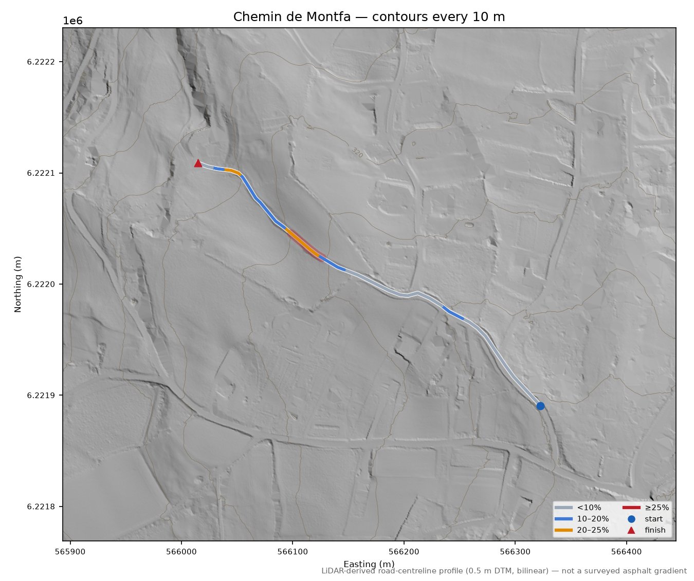 Chemin de Montfa LiDAR hillshade map with contours