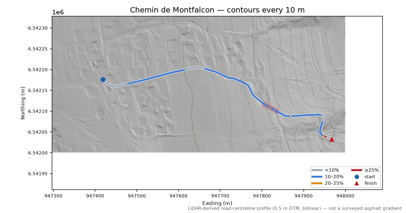 Chemin de Montfalcon LiDAR hillshade map with contours
