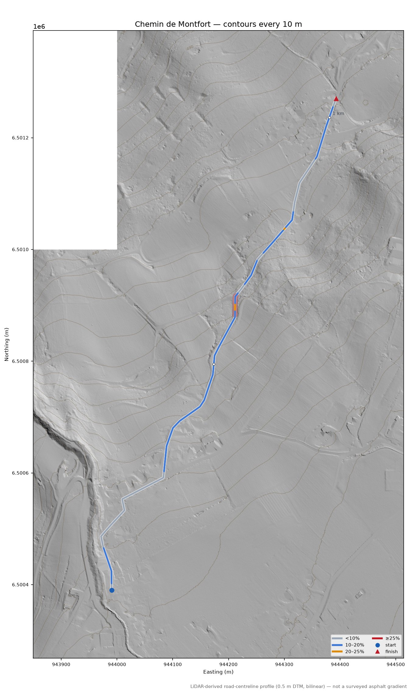 Chemin de Montfort LiDAR hillshade map with contours