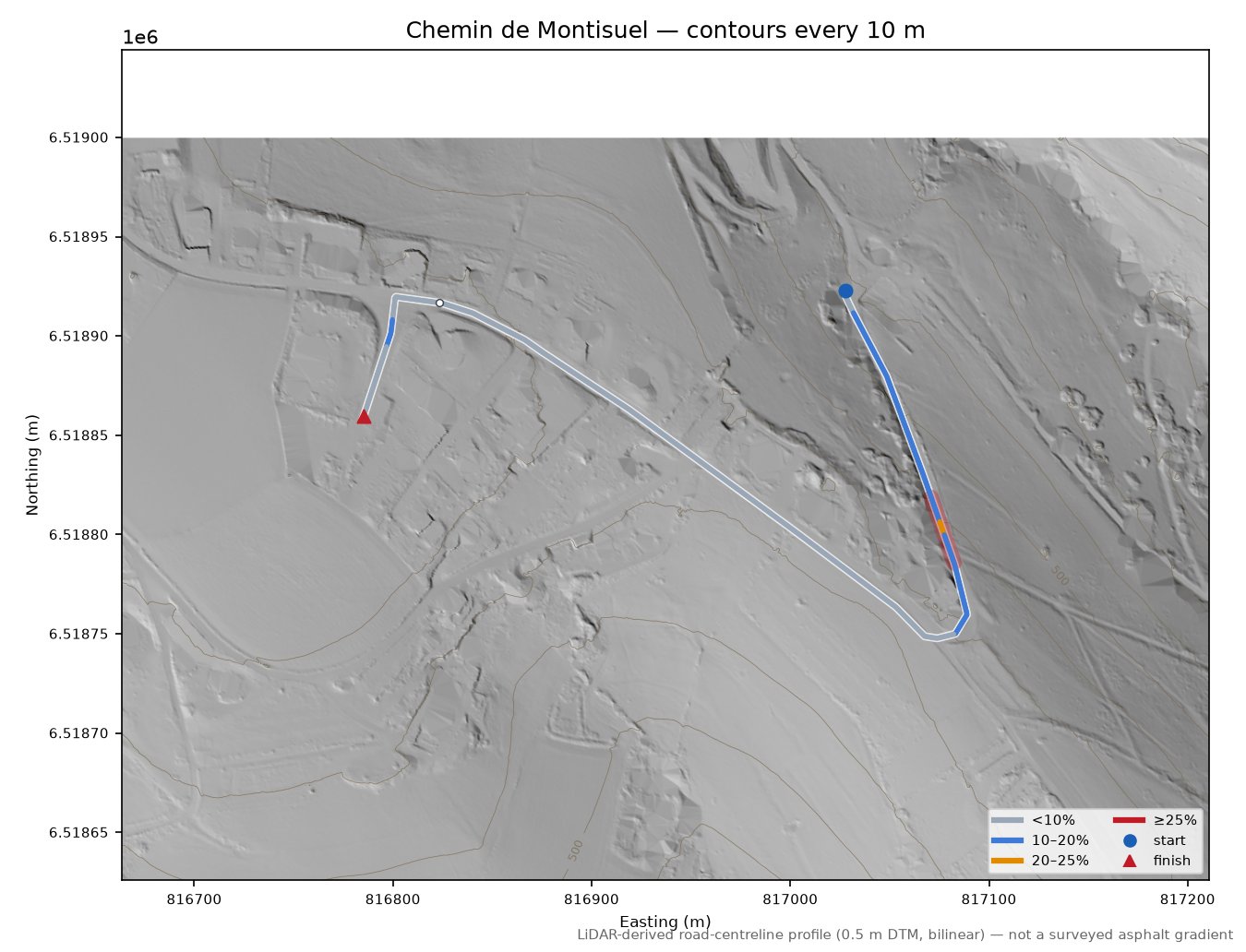 Chemin de Montisuel LiDAR hillshade map with contours