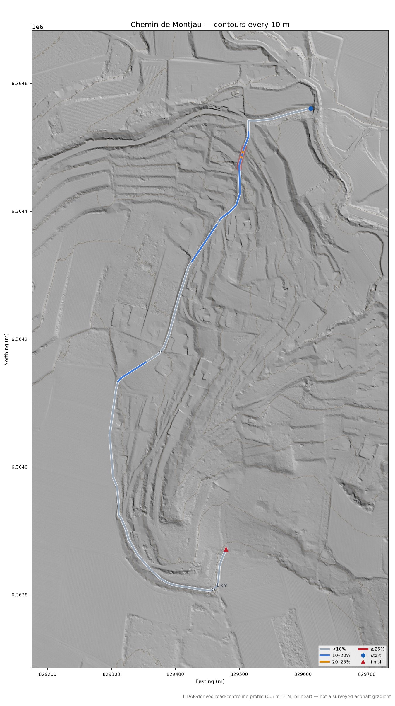 Chemin de Montjau LiDAR hillshade map with contours