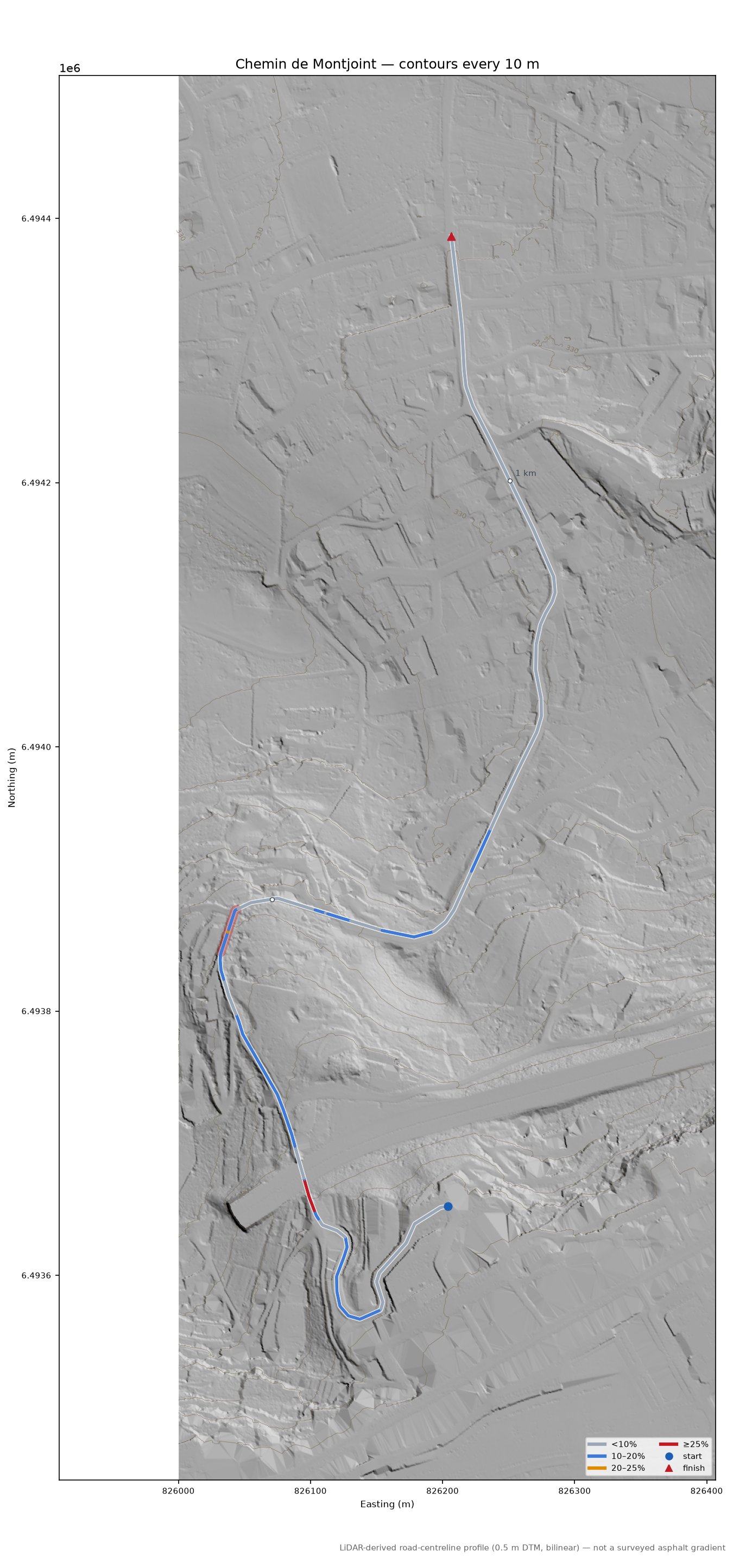 Chemin de Montjoint LiDAR hillshade map with contours