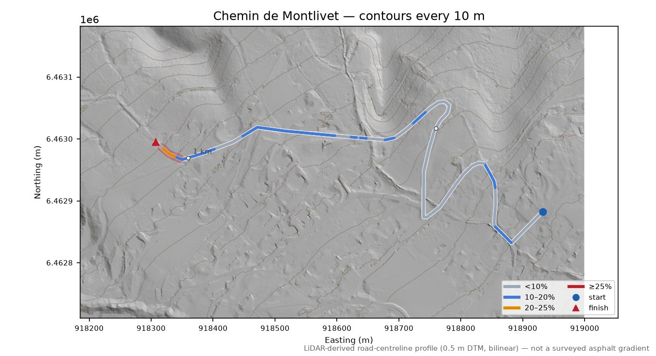 Chemin de Montlivet LiDAR hillshade map with contours
