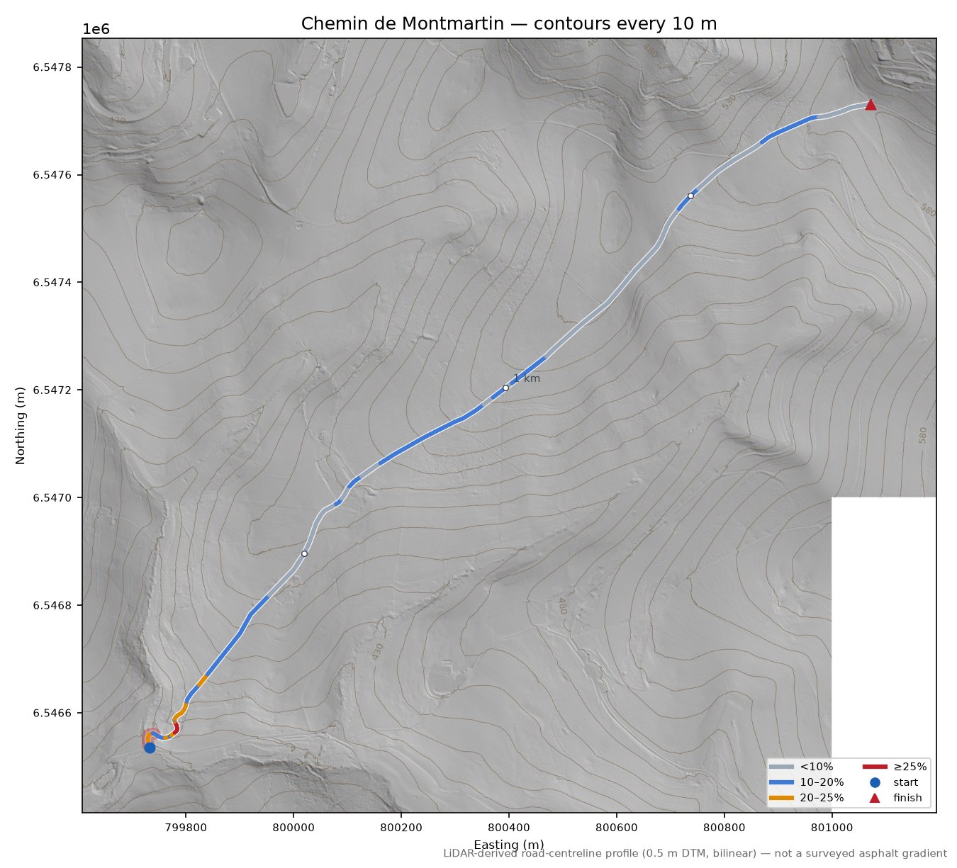 Chemin de Montmartin LiDAR hillshade map with contours