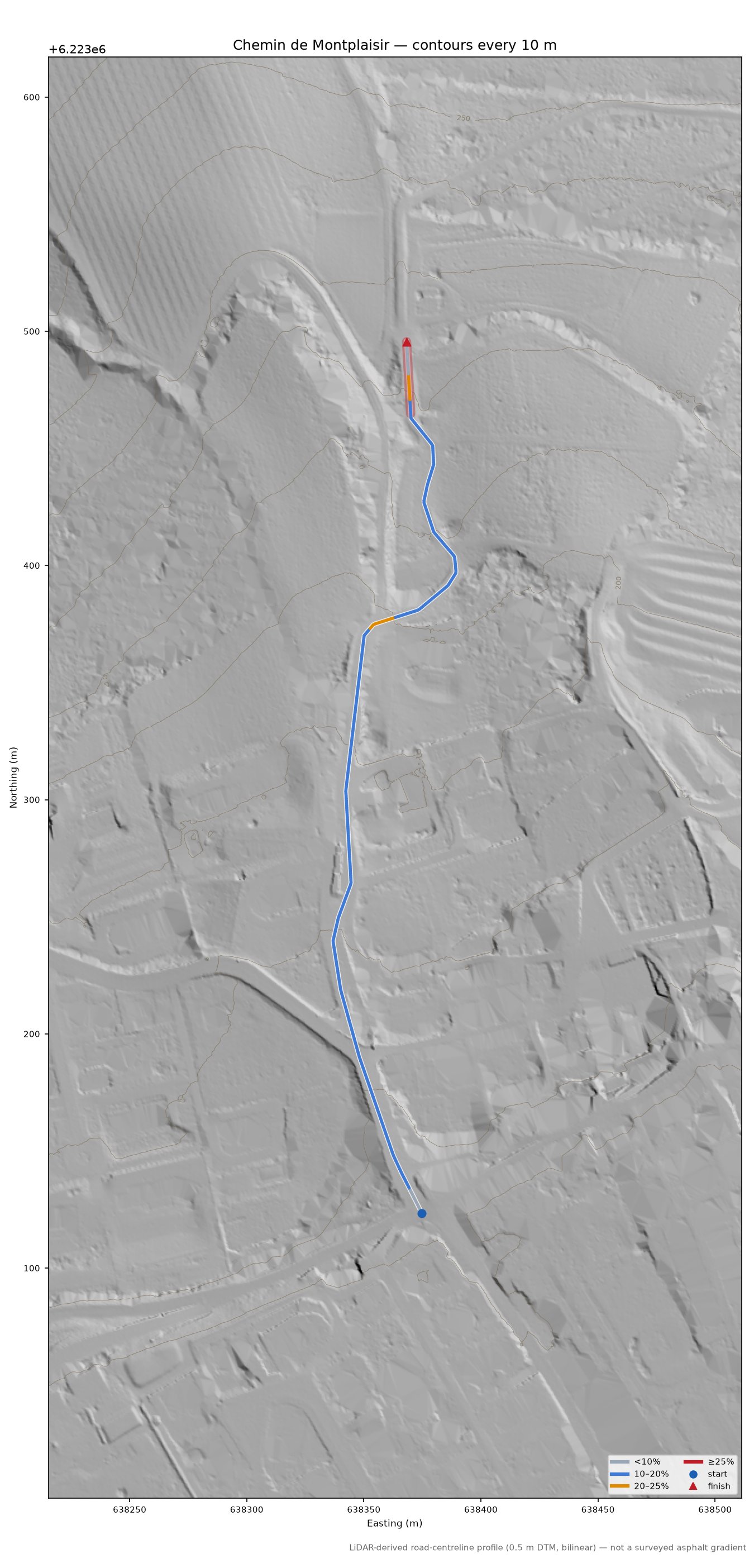 Chemin de Montplaisir LiDAR hillshade map with contours