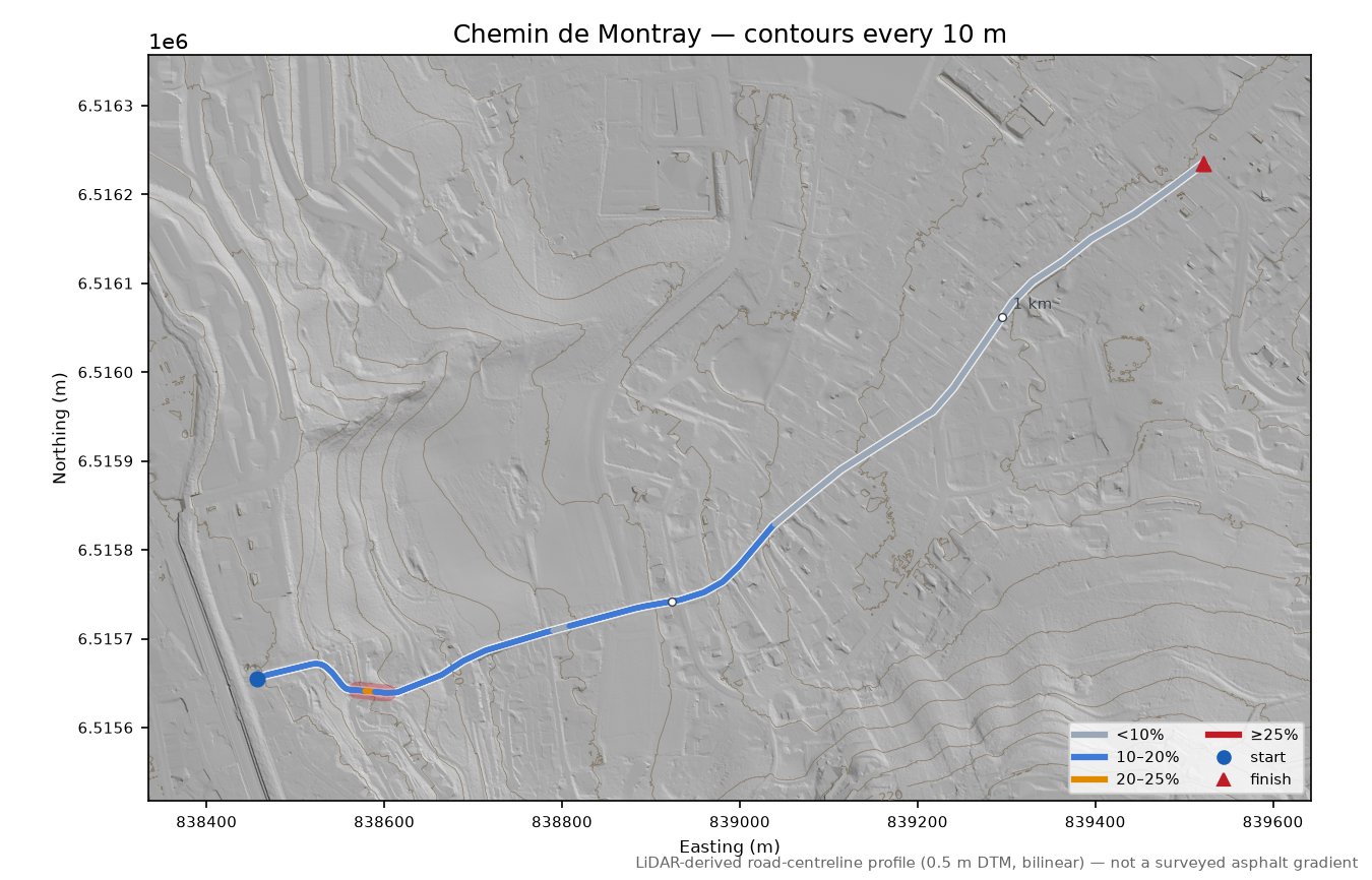 Chemin de Montray LiDAR hillshade map with contours