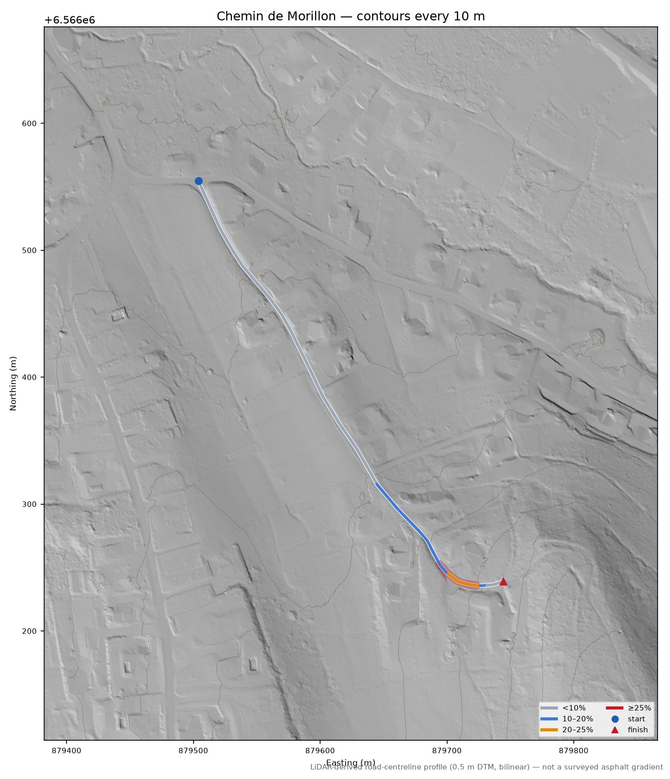Chemin de Morillon LiDAR hillshade map with contours