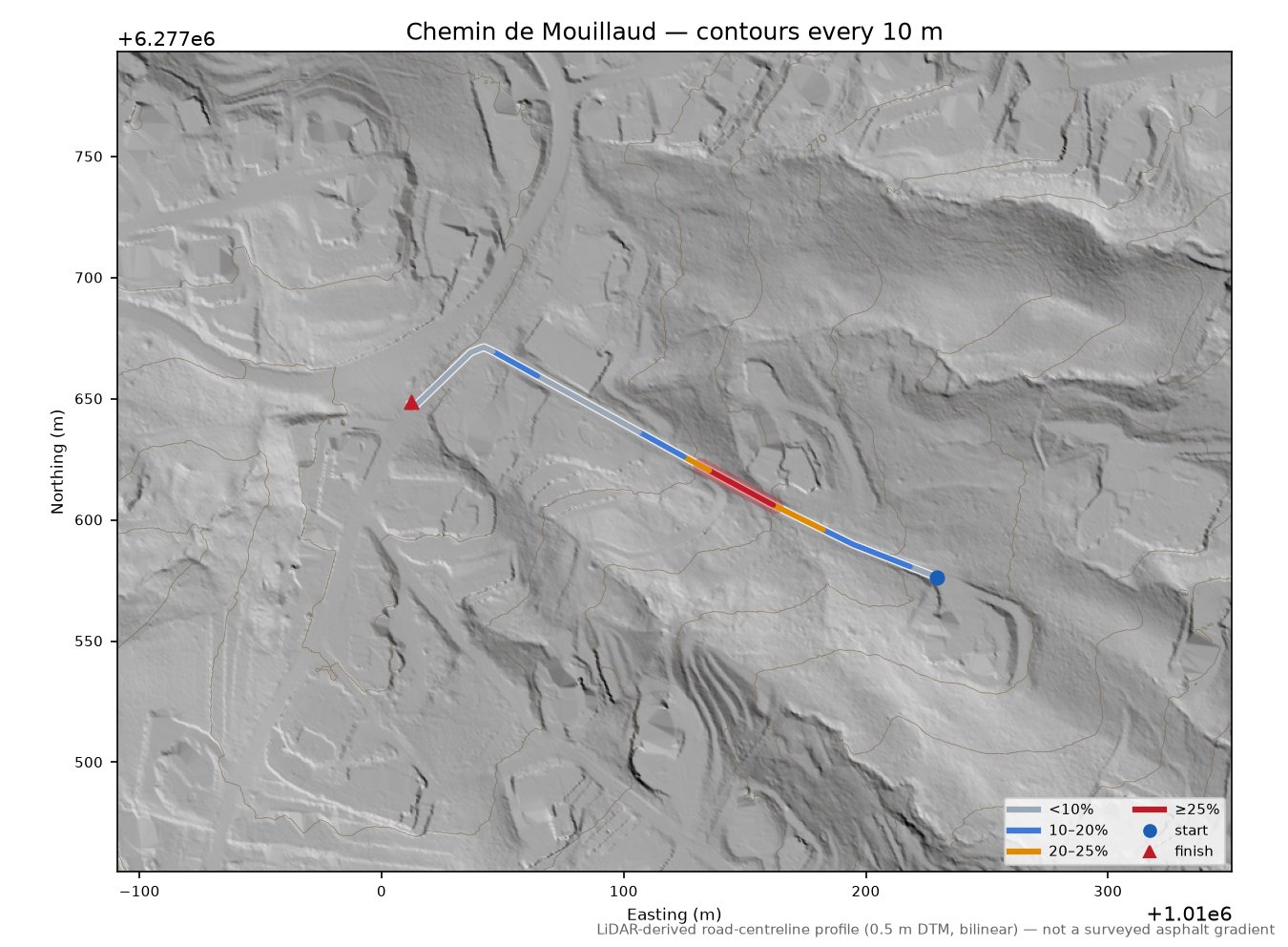 Chemin de Mouillaud LiDAR hillshade map with contours