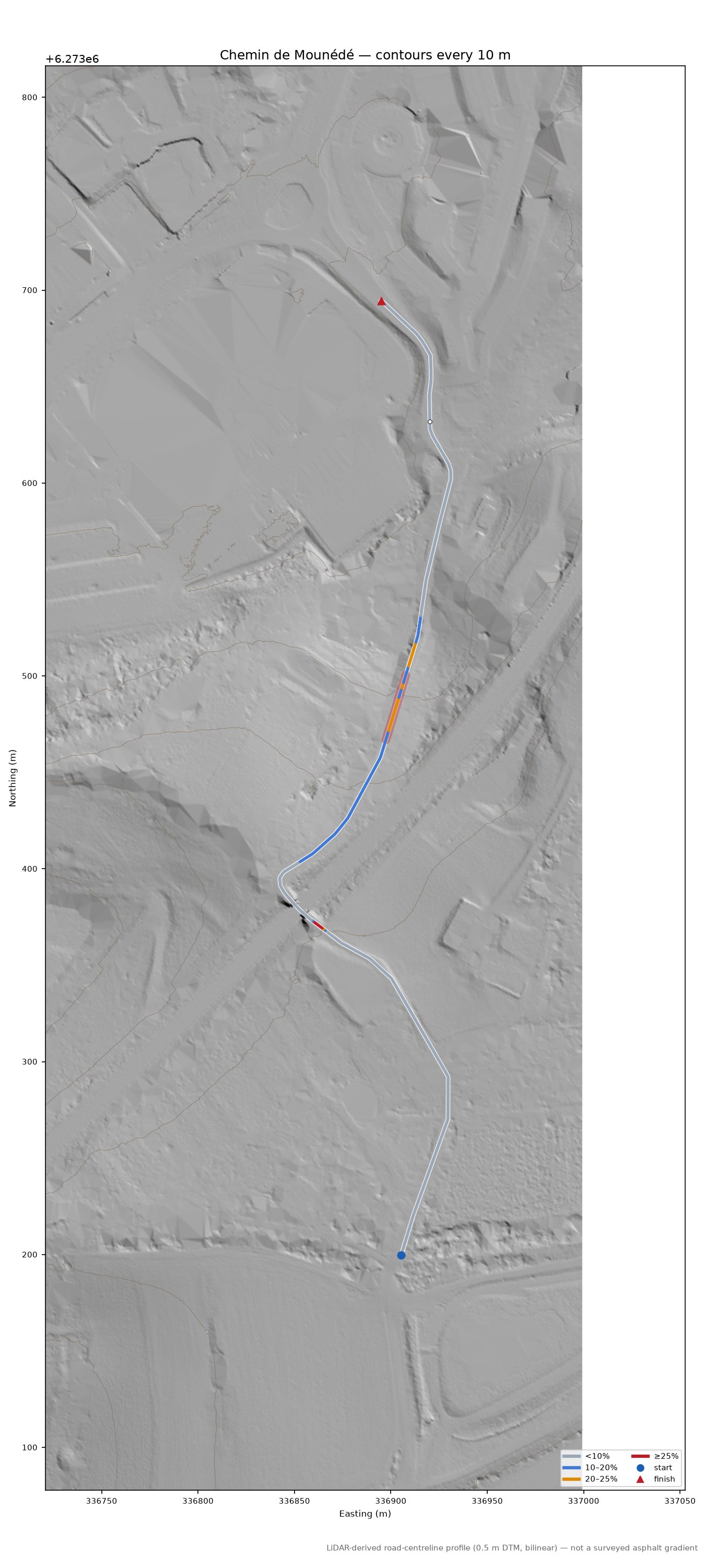 Chemin de Mounédé LiDAR hillshade map with contours