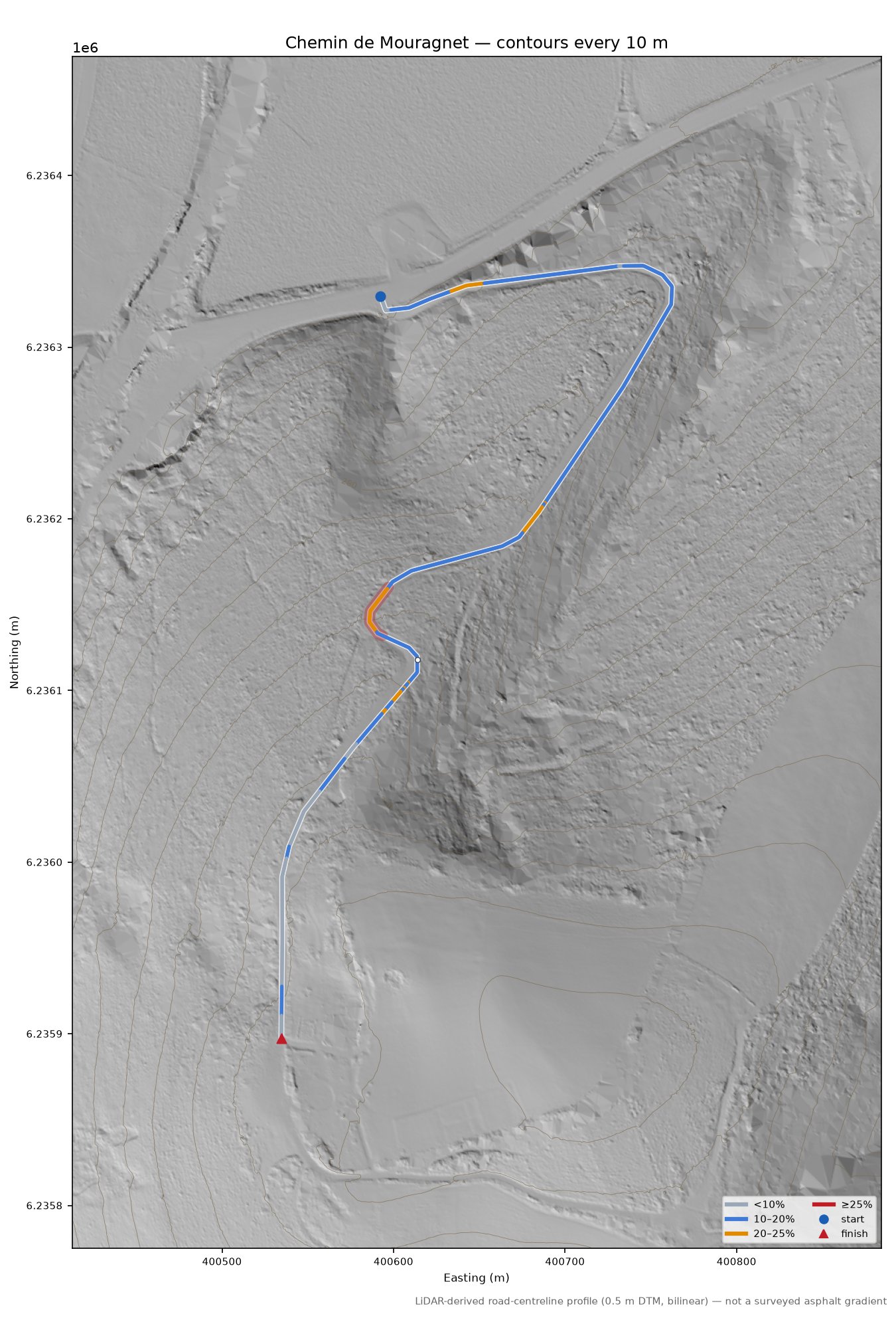 Chemin de Mouragnet LiDAR hillshade map with contours