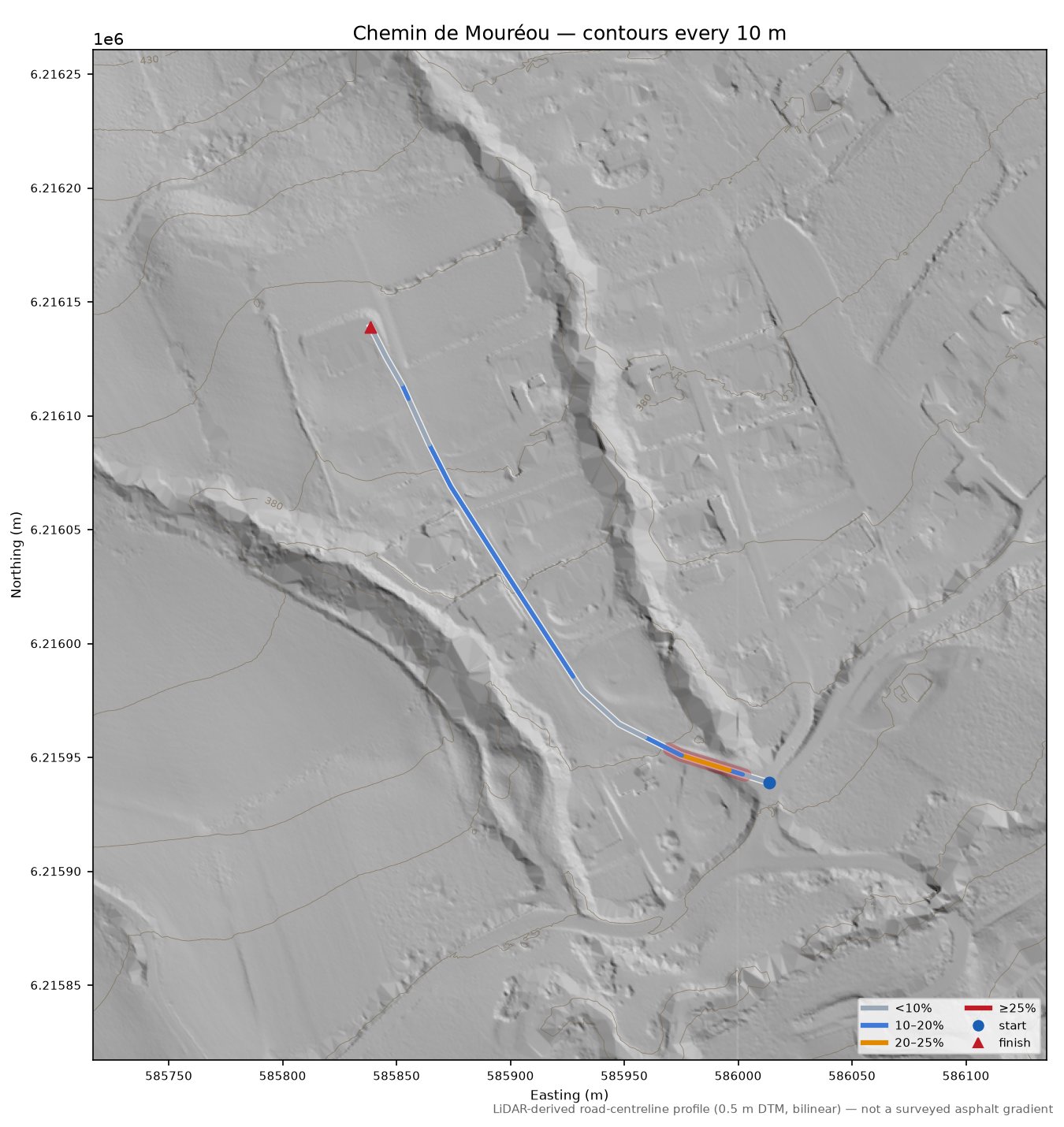 Chemin de Mouréou LiDAR hillshade map with contours