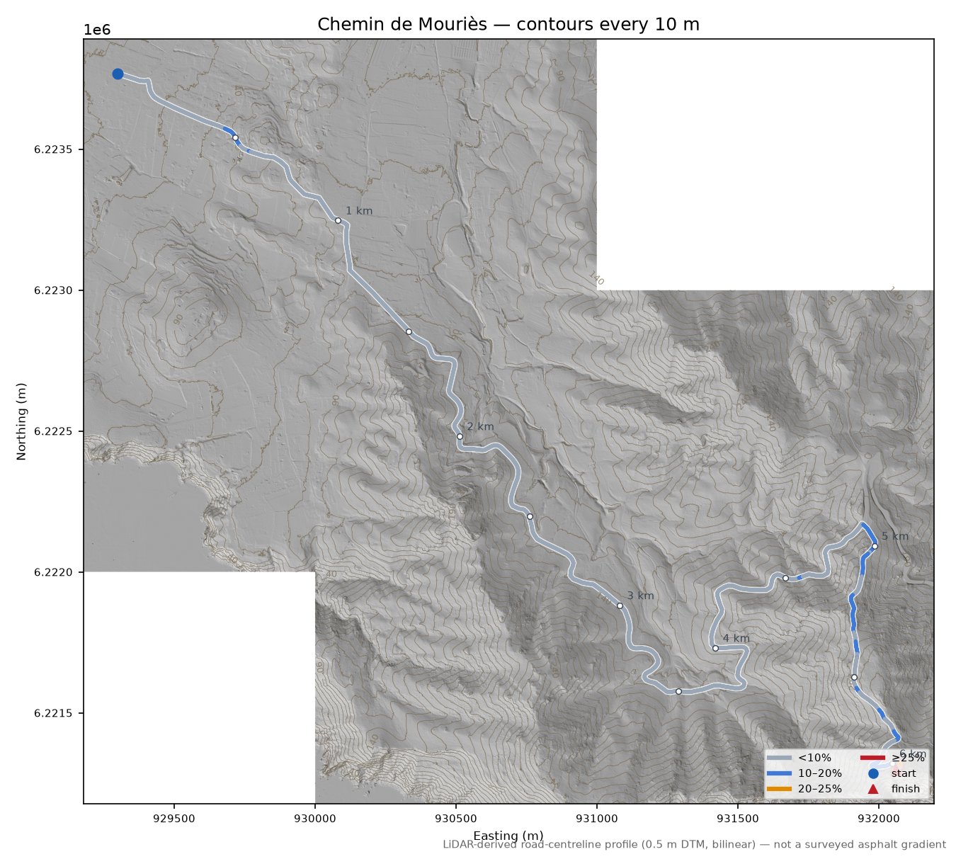 Chemin de Mouriès LiDAR hillshade map with contours