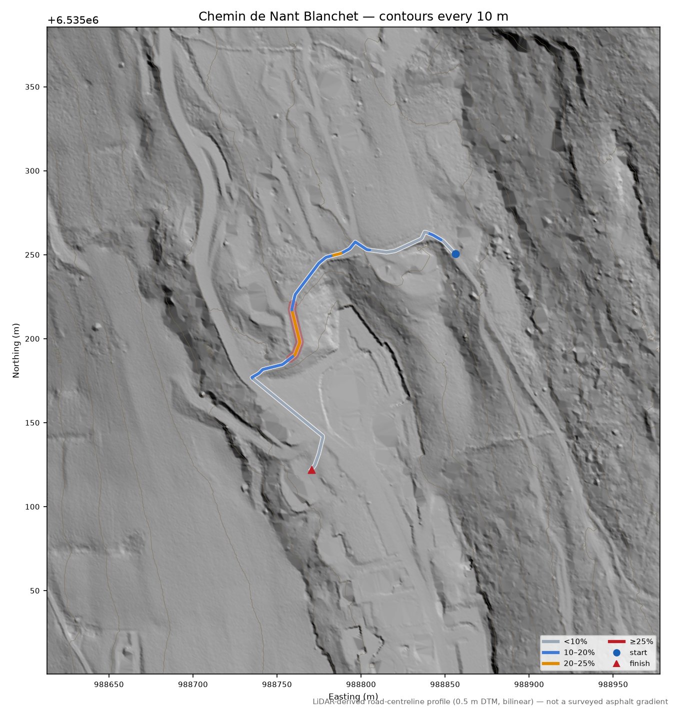 Chemin de Nant Blanchet LiDAR hillshade map with contours