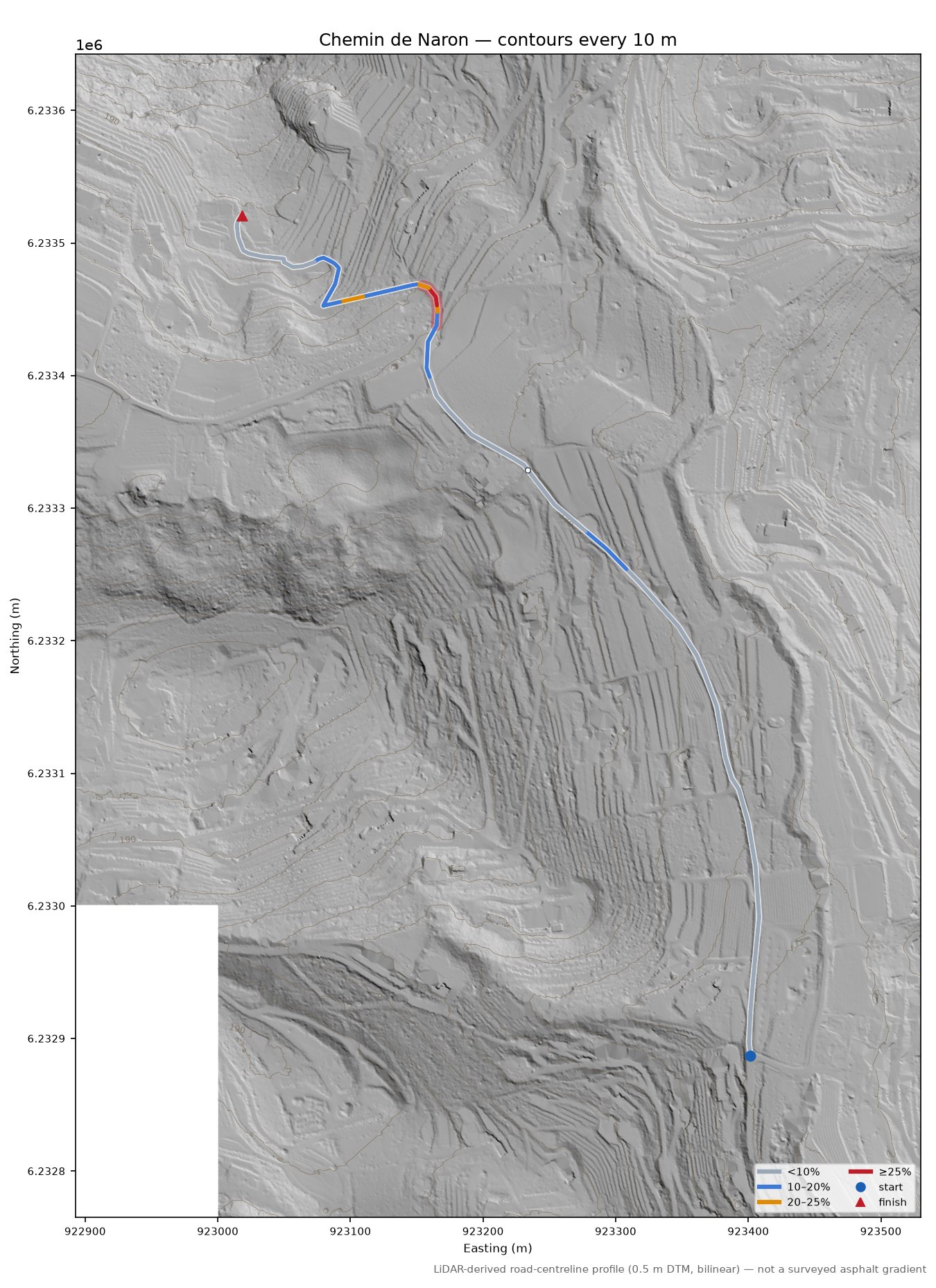 Chemin de Naron LiDAR hillshade map with contours