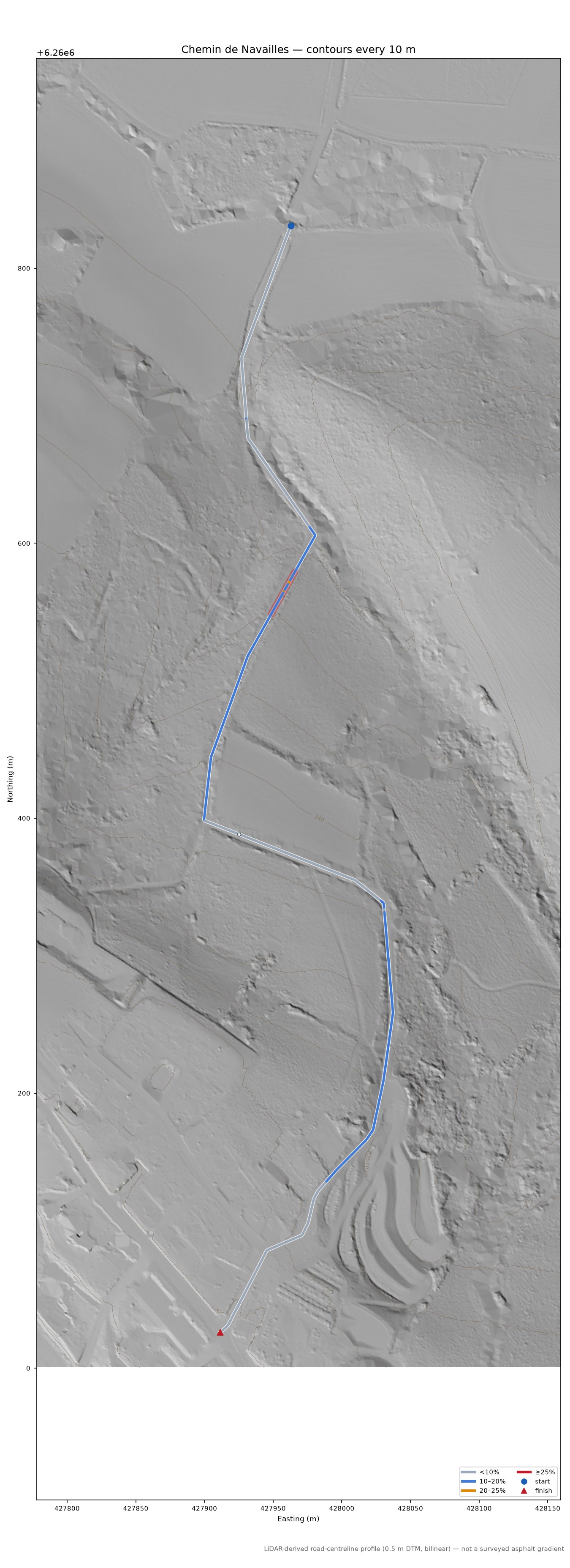 Chemin de Navailles LiDAR hillshade map with contours